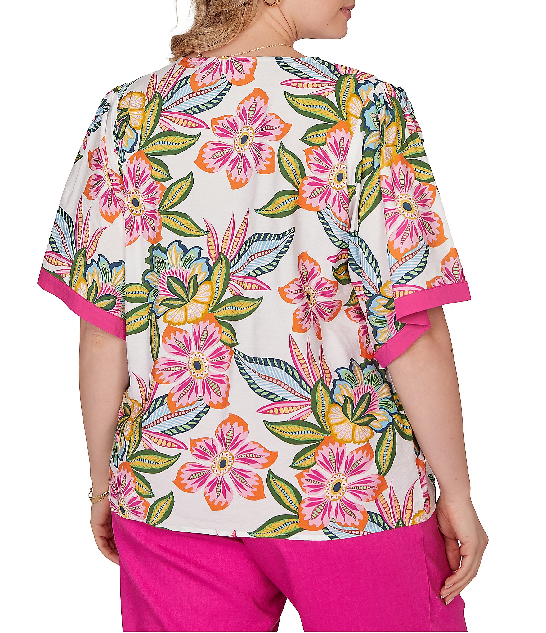 Ruby Rd. Plus Size Silky Voile Tropical Floral Split V-Neck Elbow Sleeve Blouse