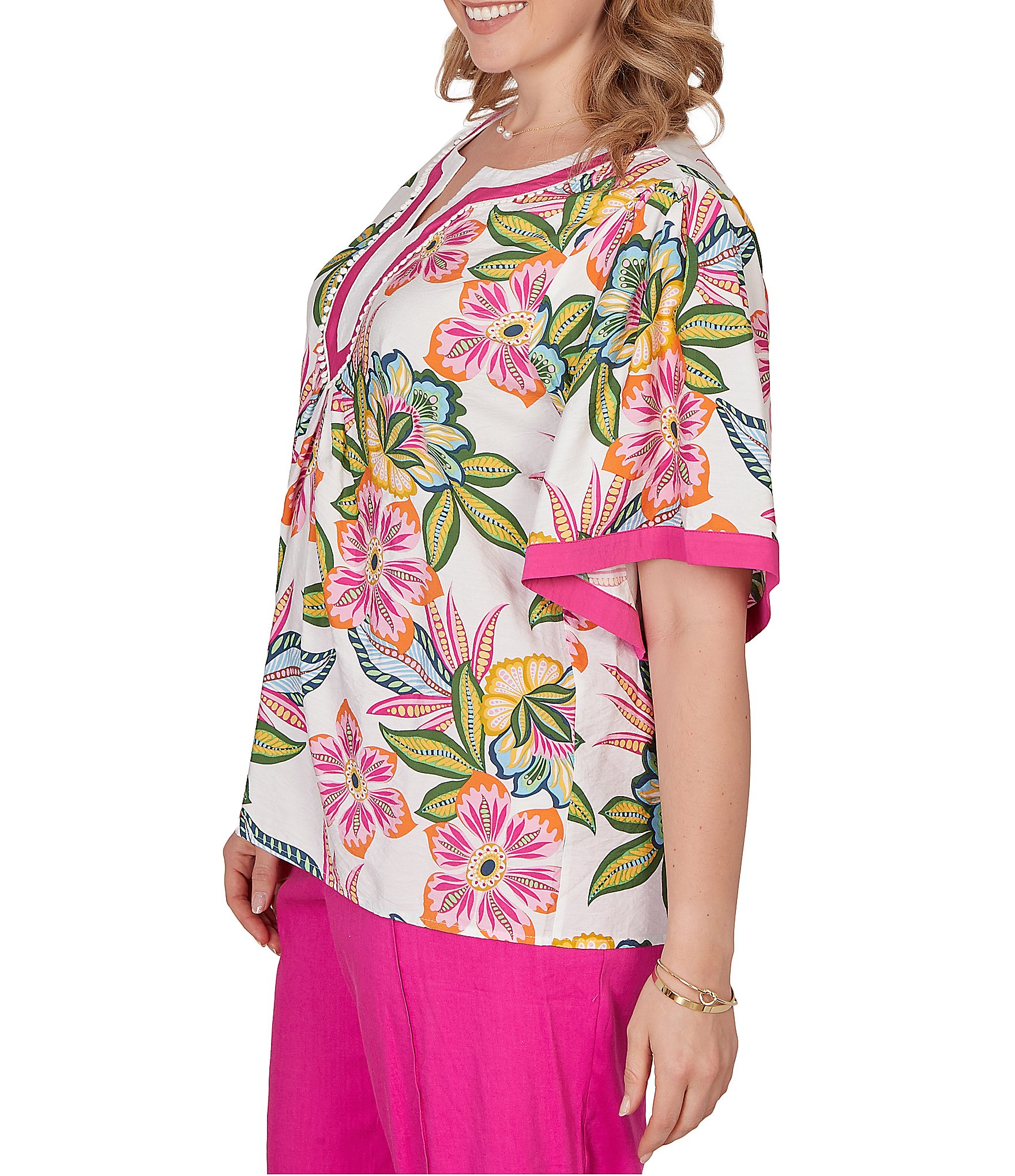 Ruby Rd. Plus Size Silky Voile Tropical Floral Split V-Neck Elbow Sleeve Blouse