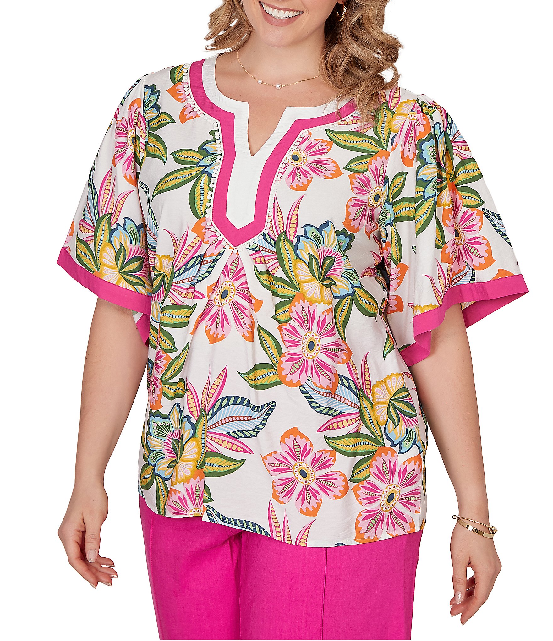 Ruby Rd. Plus Size Silky Voile Tropical Floral Split V-Neck Elbow Sleeve Blouse