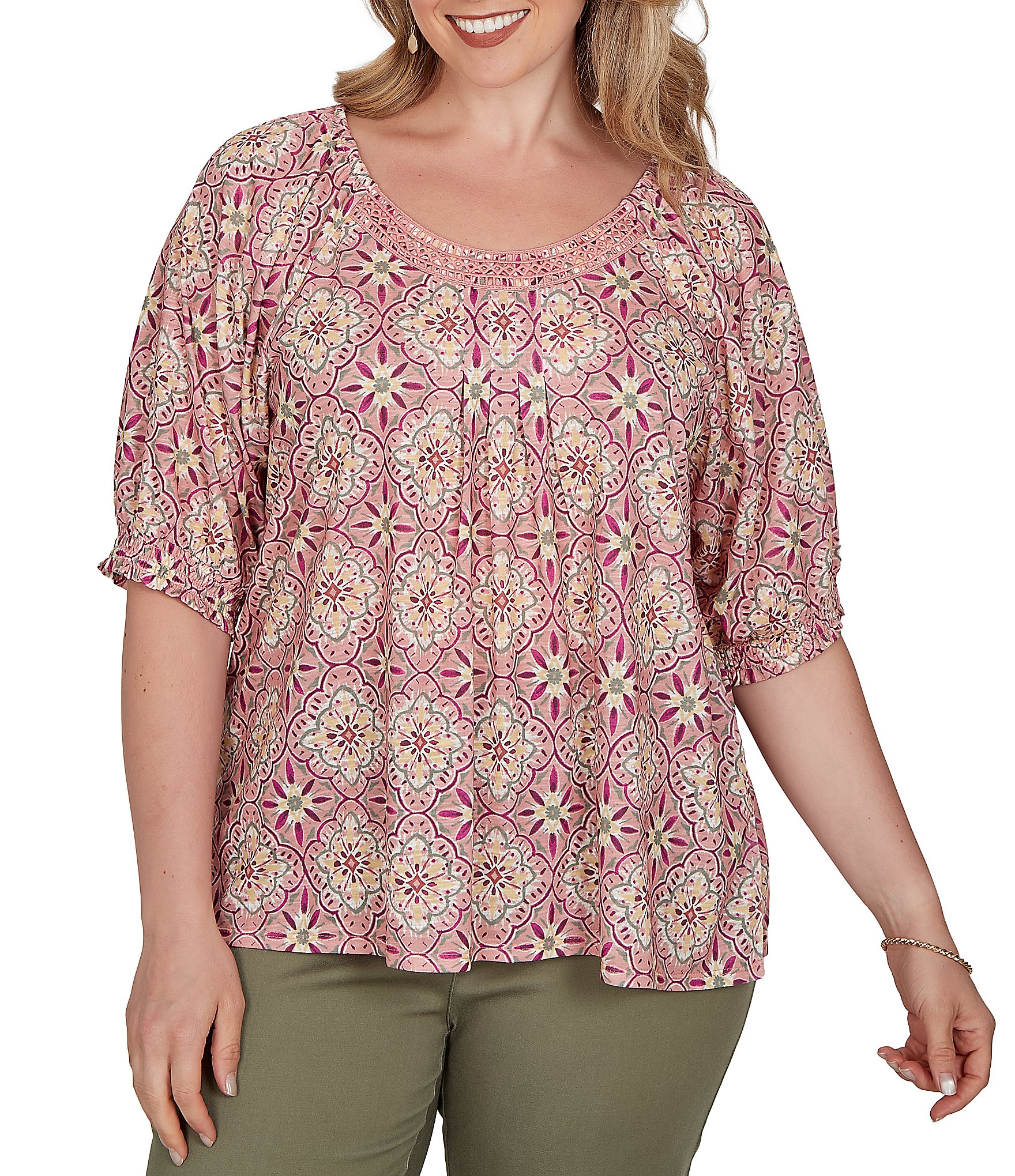 Ruby Rd. Plus Size Slub Jersey Geometric Scoop Neck Short Sleeve Lace Inset Top