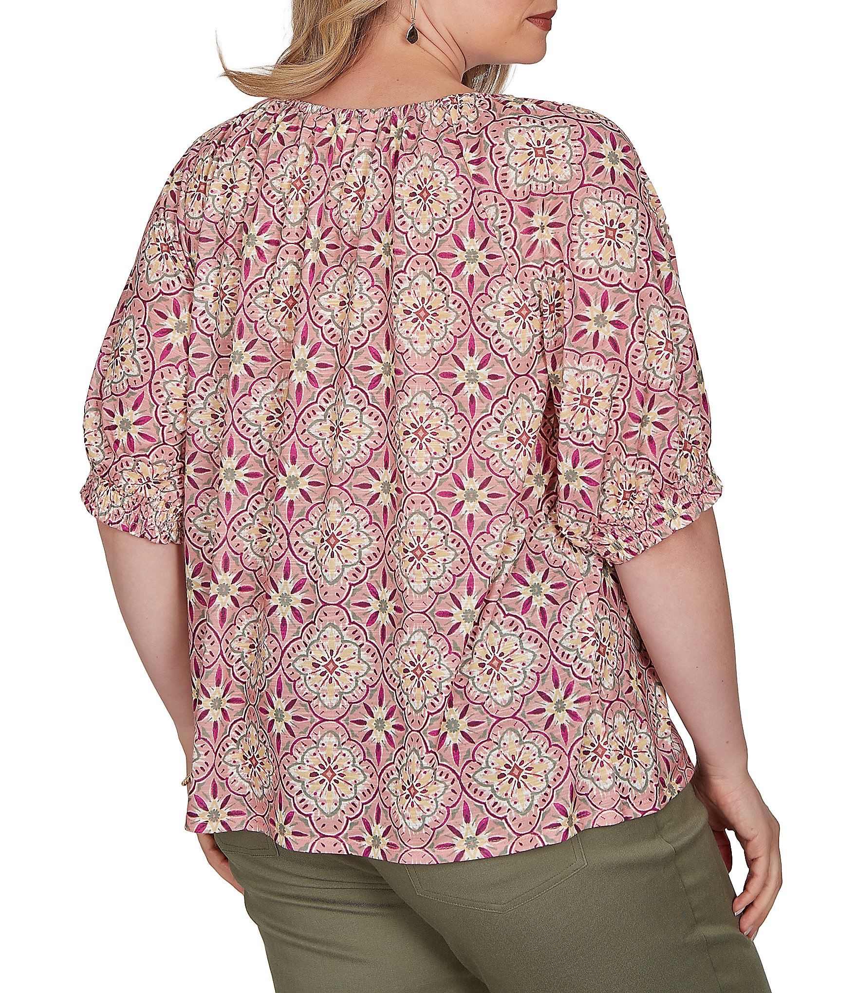 Ruby Rd. Plus Size Slub Jersey Geometric Scoop Neck Short Sleeve Lace Inset Top