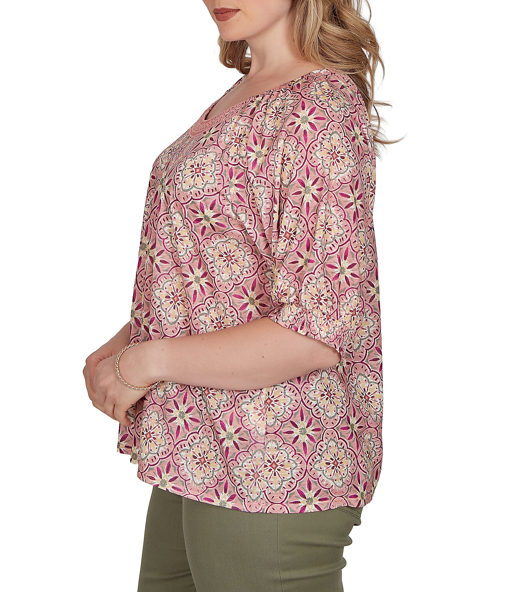Ruby Rd. Plus Size Slub Jersey Geometric Scoop Neck Short Sleeve Lace Inset Top