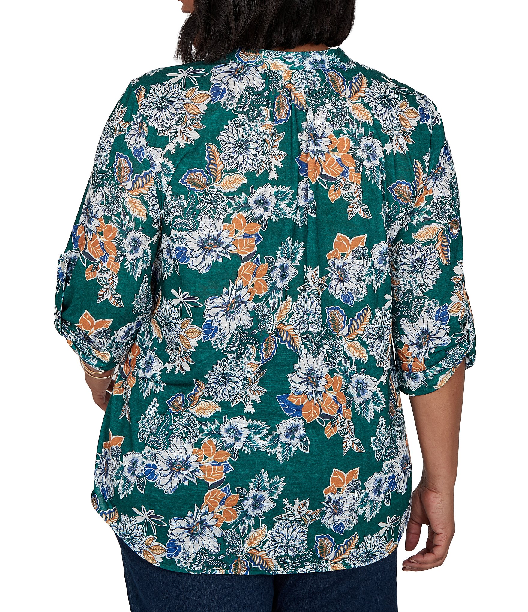 Ruby Rd. Plus Size Slub Jersey Kensington Inspired Floral Split V-Neck Elbow Roll-Tab Sleeve Button-Front Shirt