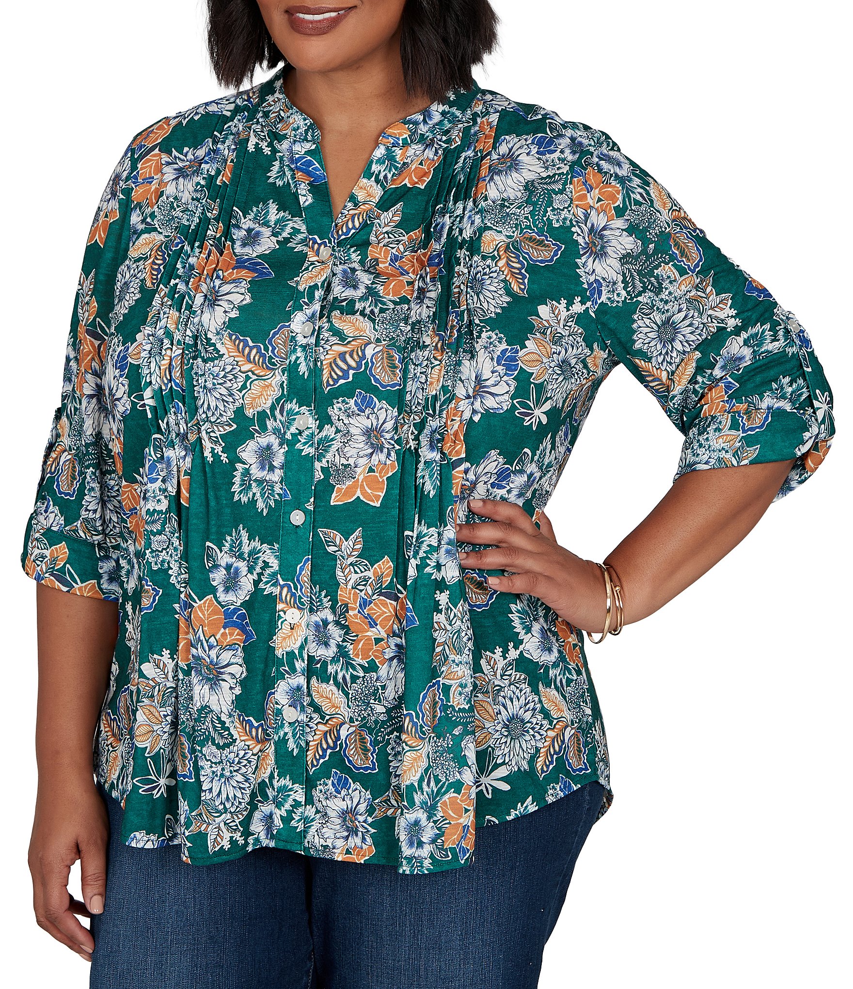 Ruby Rd. Plus Size Slub Jersey Kensington Inspired Floral Split V-Neck Elbow Roll-Tab Sleeve Button-Front Shirt