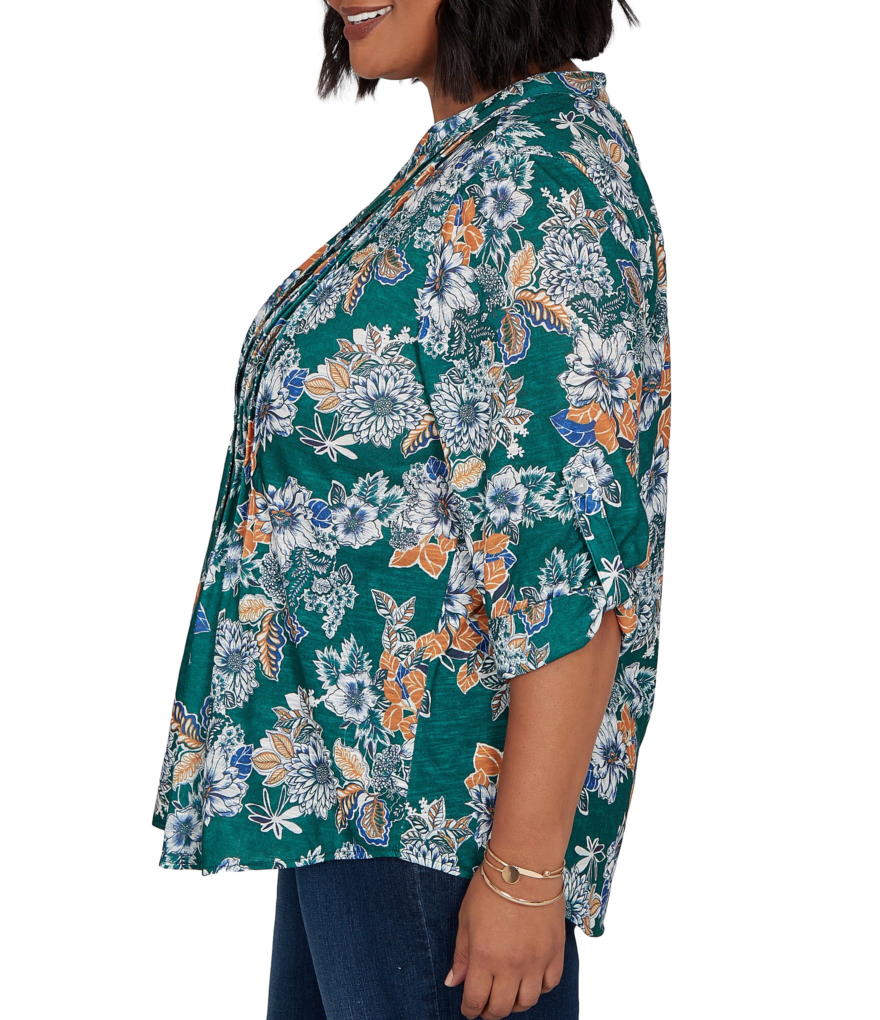 Ruby Rd. Plus Size Slub Jersey Kensington Inspired Floral Split V-Neck Elbow Roll-Tab Sleeve Button-Front Shirt