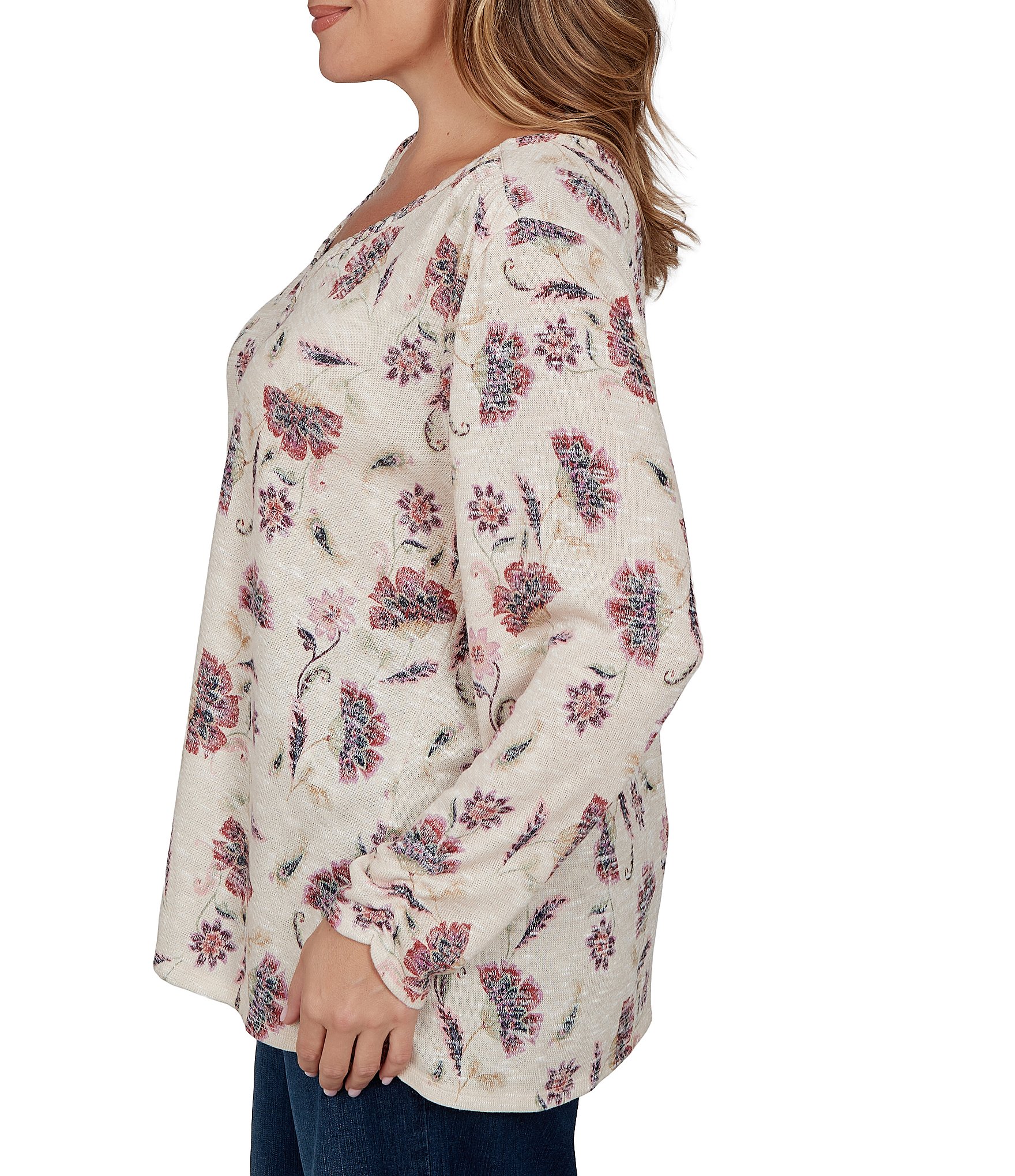 Ruby Rd. Plus Size Slub Knit Botanical Faded Floral V-Neck Long Sleeve Top
