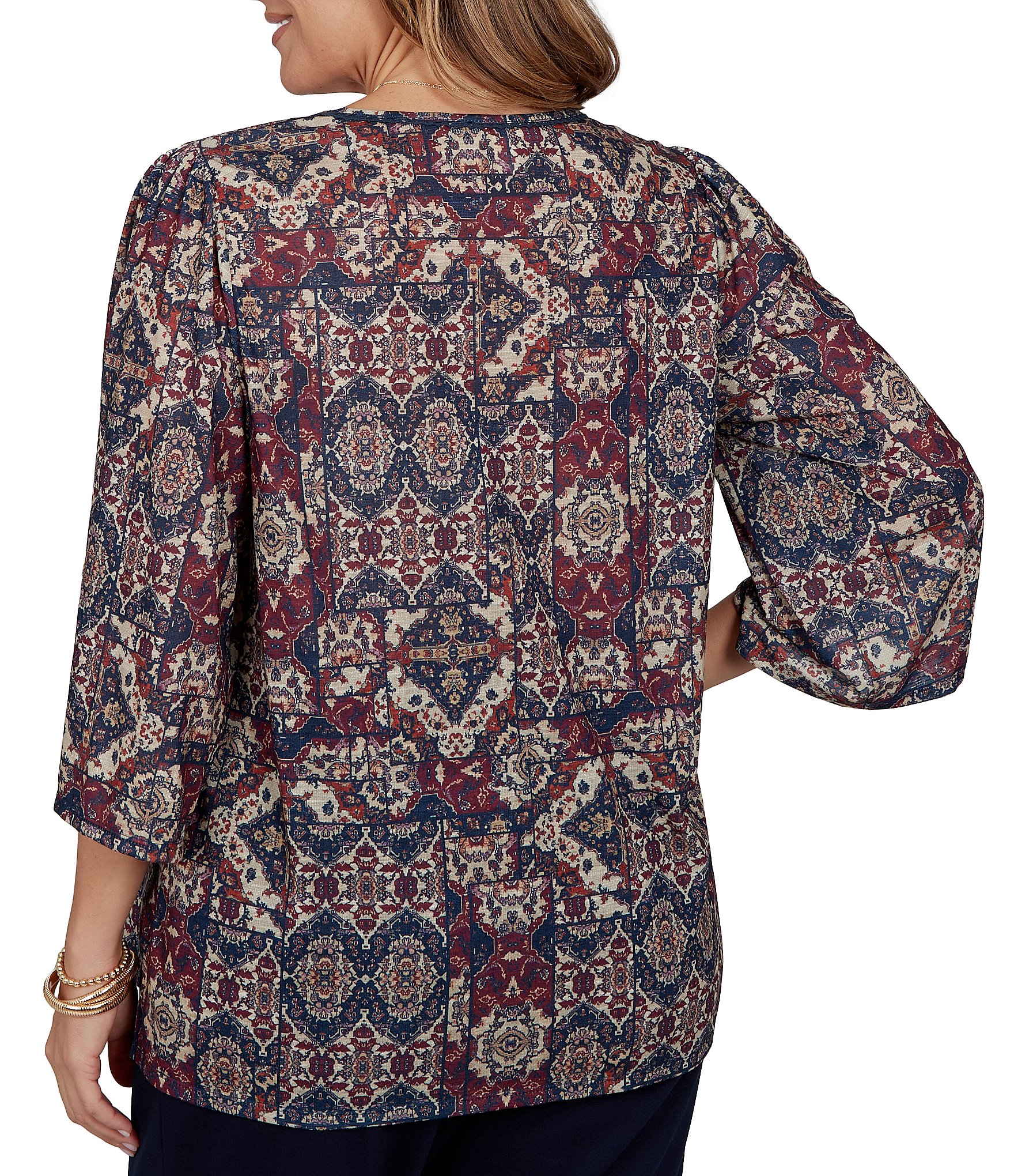 Ruby Rd. Plus Size Slub Knit Patchwork Split V-Neck 3/4 Sleeve Top