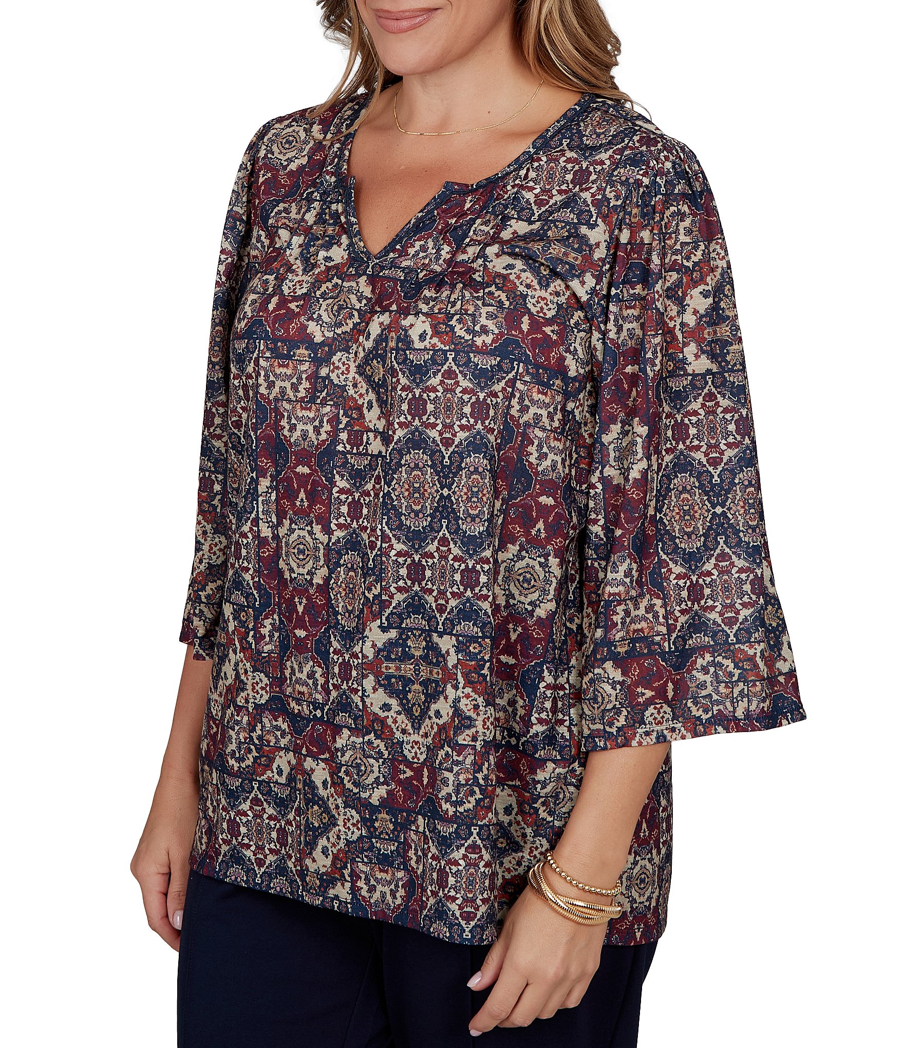 Ruby Rd. Plus Size Slub Knit Patchwork Split V-Neck 3/4 Sleeve Top
