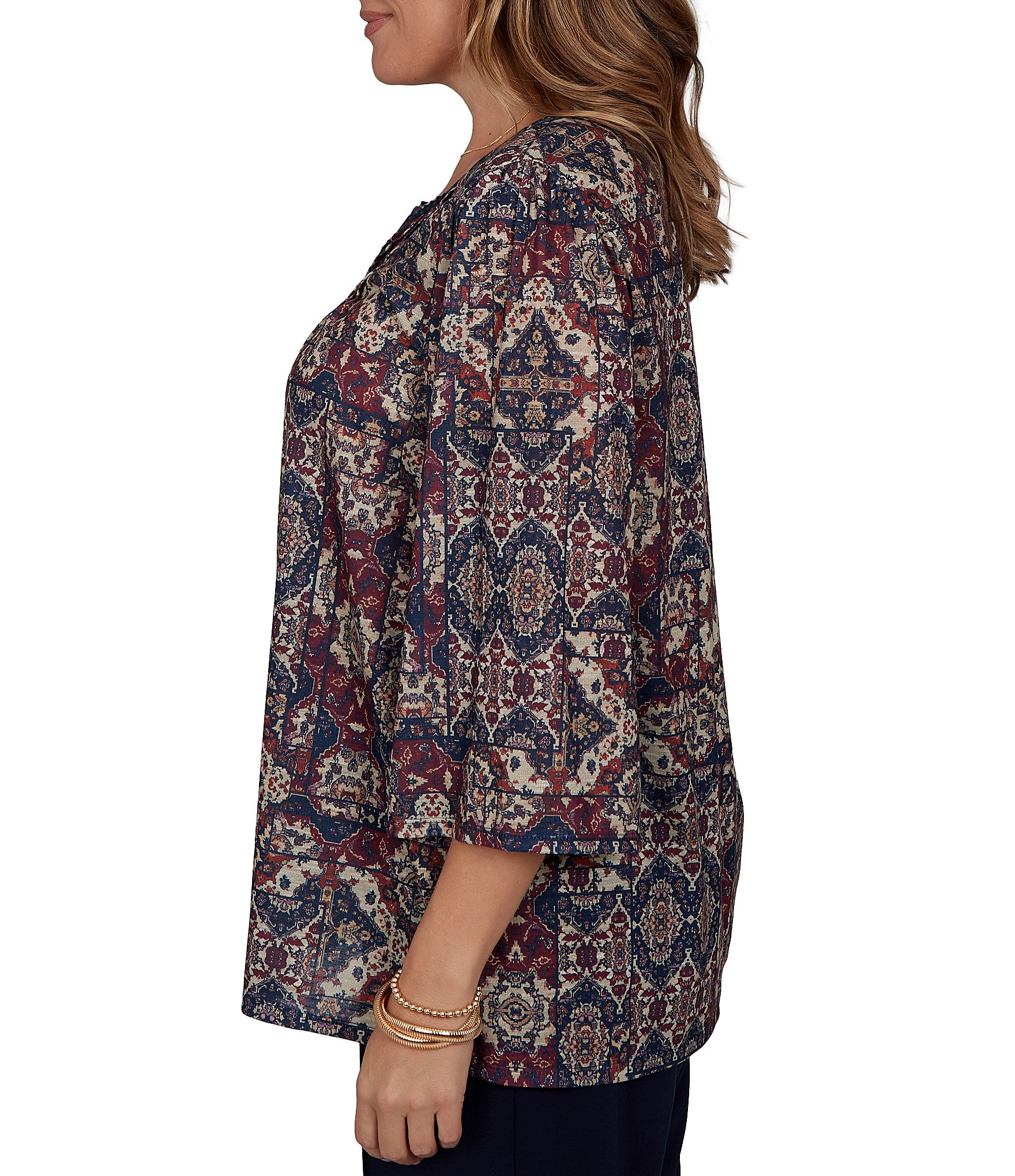 Ruby Rd. Plus Size Slub Knit Patchwork Split V-Neck 3/4 Sleeve Top