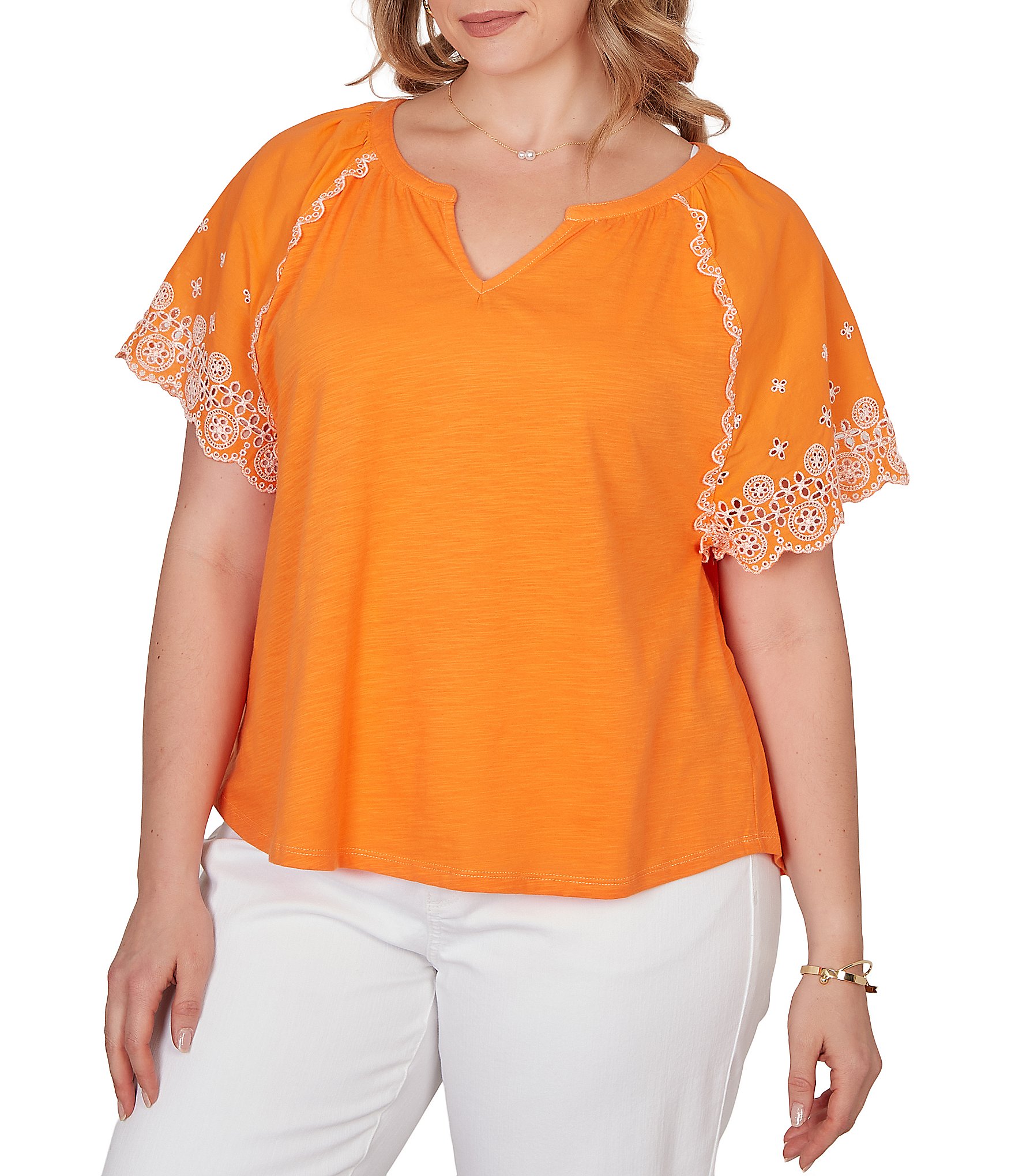 Ruby Rd. Plus Size Slub Knit Split V-Neck Short Embroidered Sleeve Top