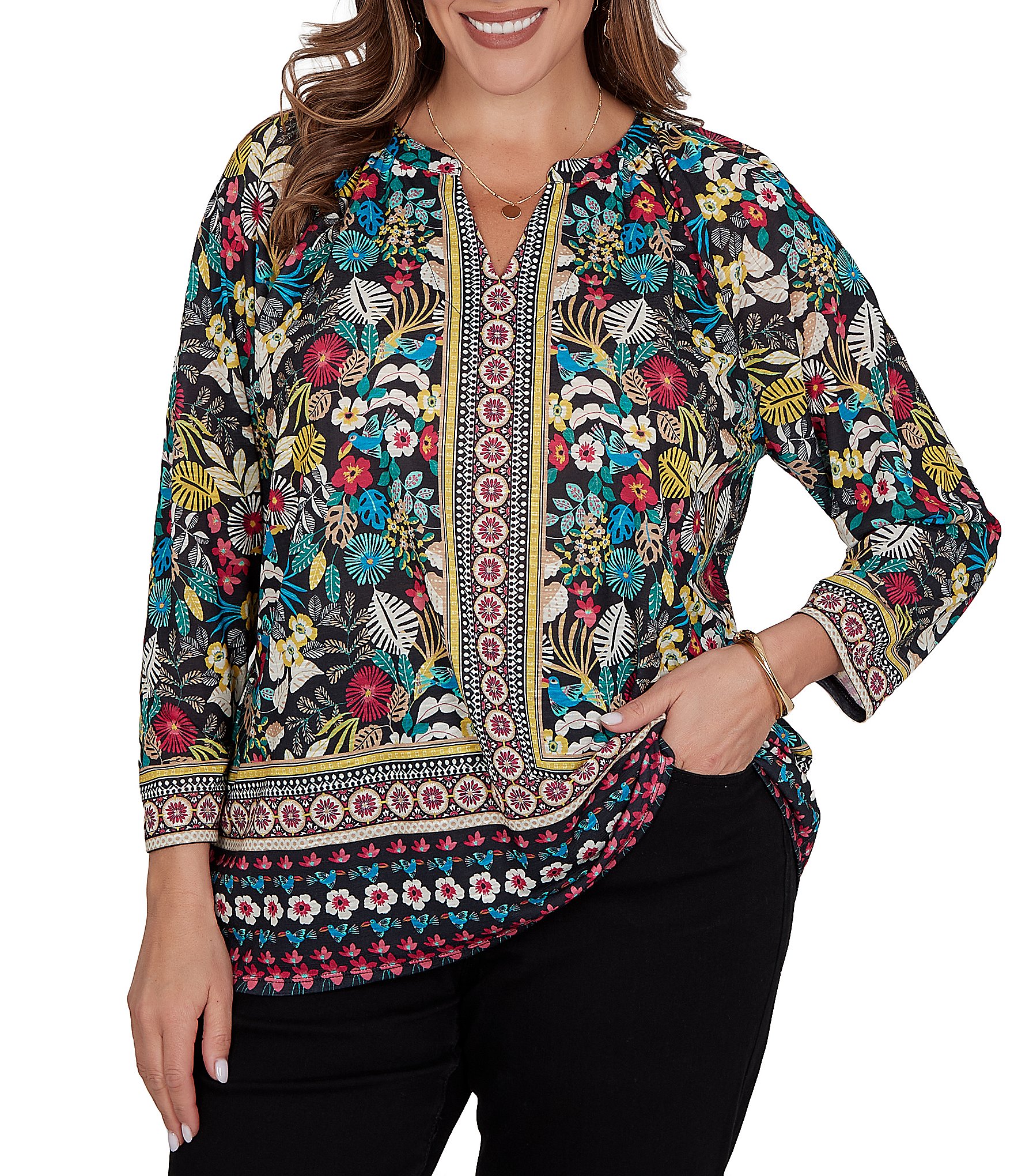 Ruby Rd. Plus Size Slub Knit Vibrant Paradise-Inspired Split V-Neck Cuffed 3/4 Sleeve Top