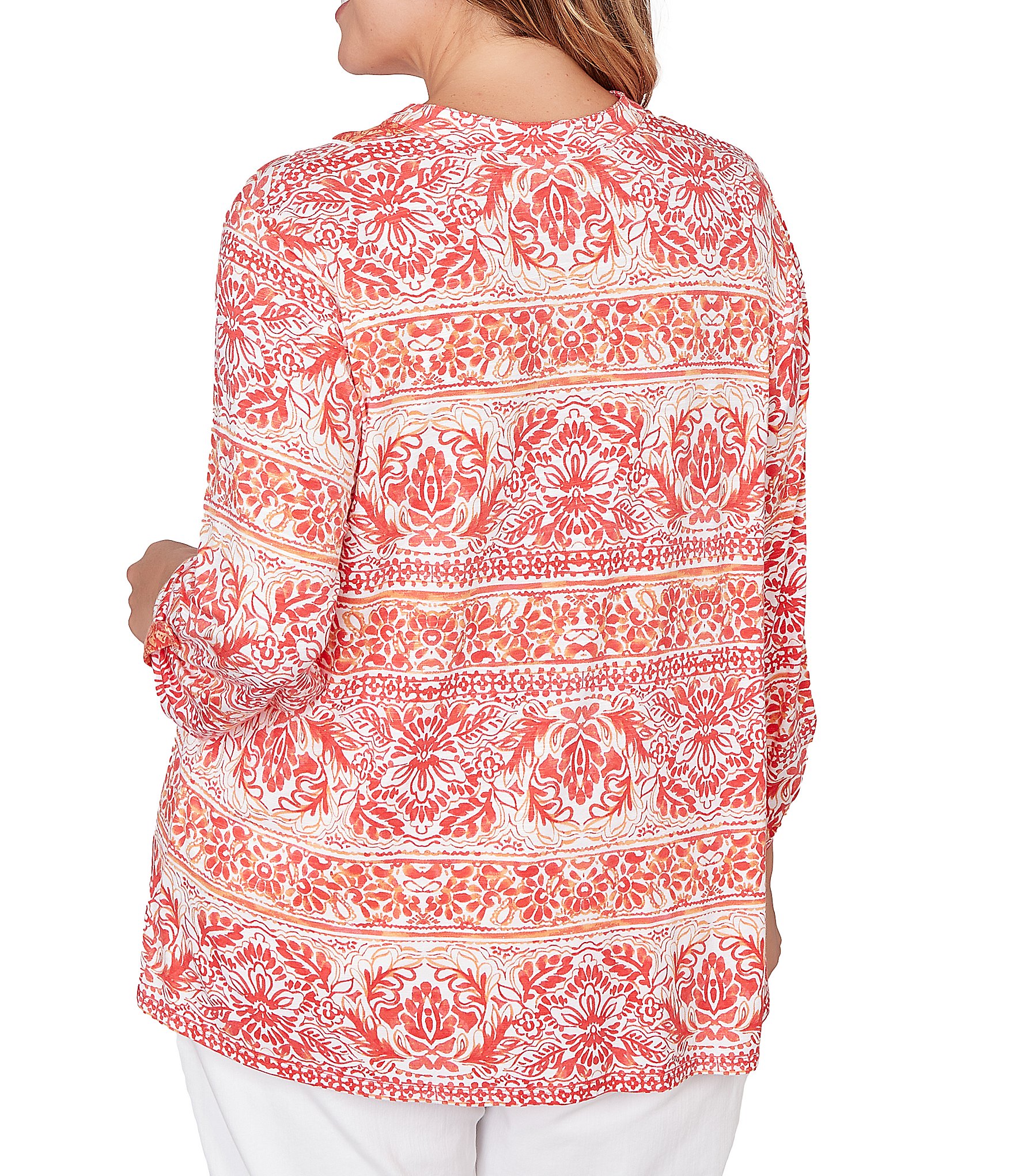 Ruby Rd. Plus Size Slub Knit Woodblock V-Neck 3/4 Roll-Tab Sleeve Top