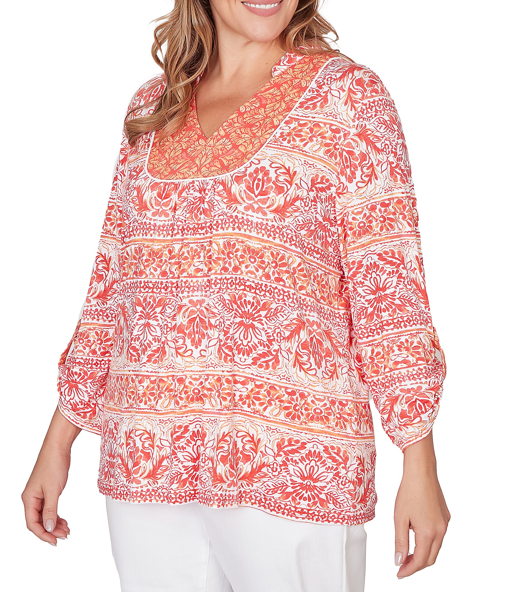 Ruby Rd. Plus Size Slub Knit Woodblock V-Neck 3/4 Roll-Tab Sleeve Top
