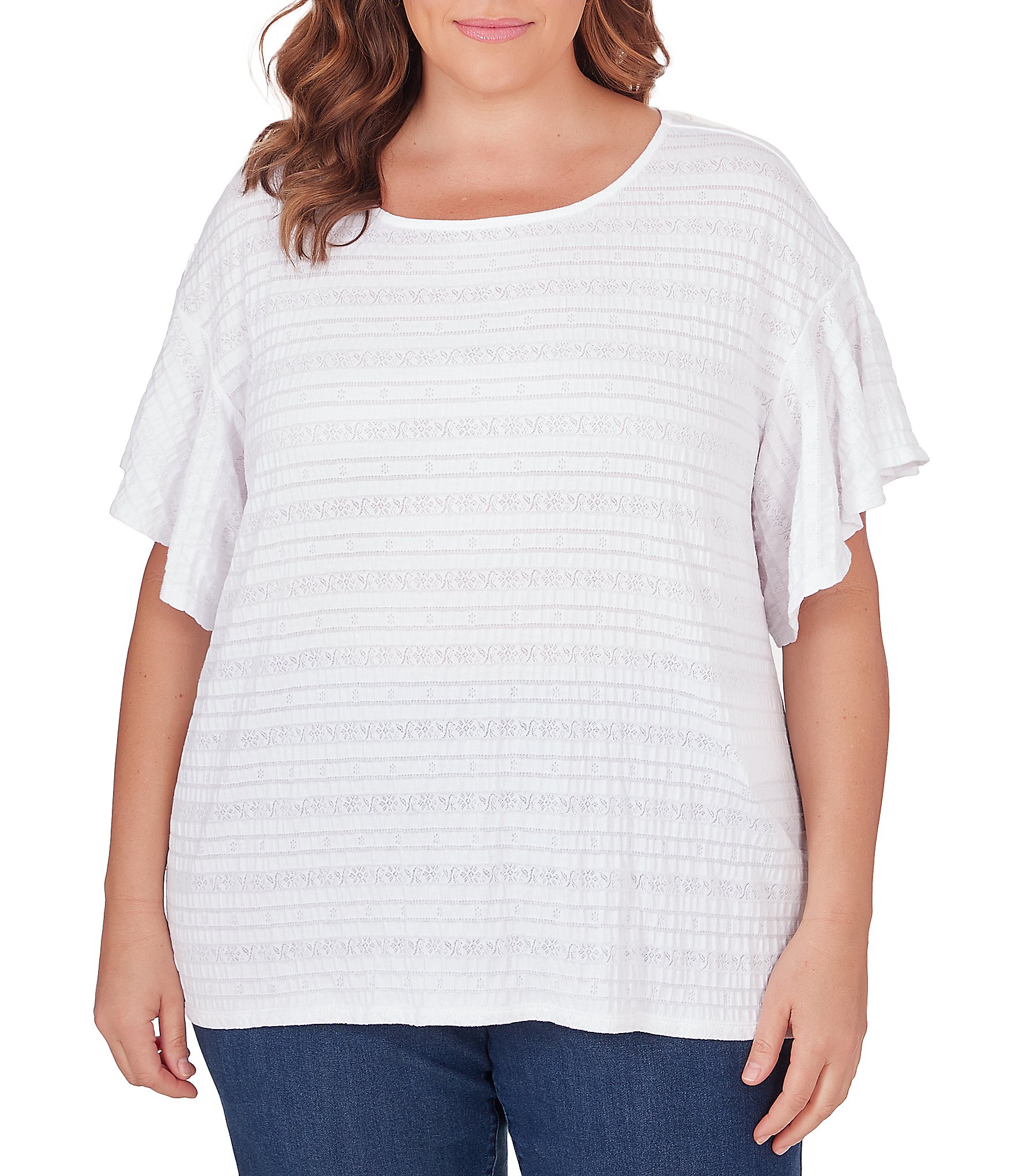 Ruby Rd. Plus Size Smocked Knit Crew Neck Short Flutter Sleeve Top ...