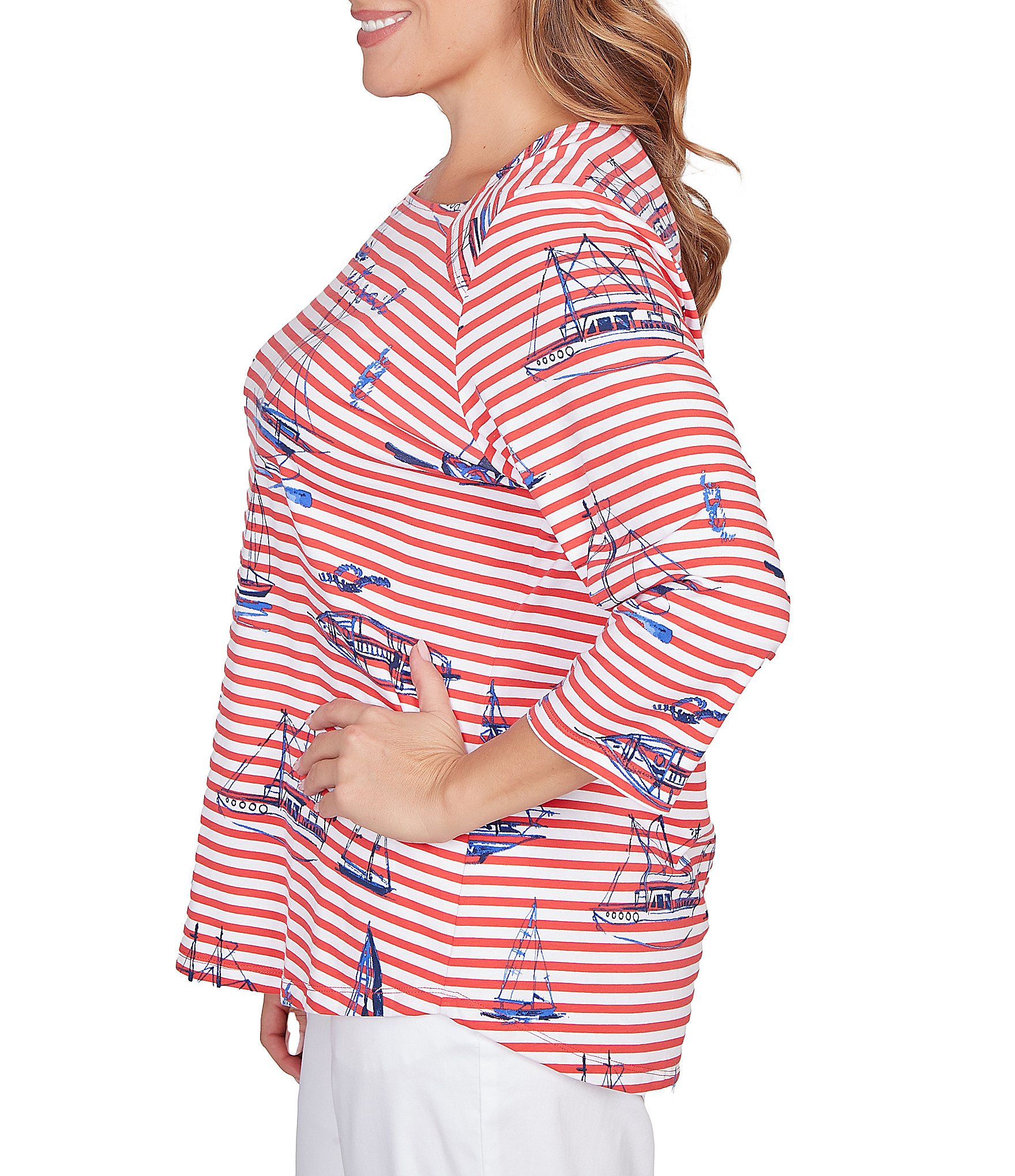 Ruby Rd. Plus Size Soft Cotton Jersey Allover Sailboat Embroidered Accents Stripe Print Square Neck 3/4 Sleeve Top