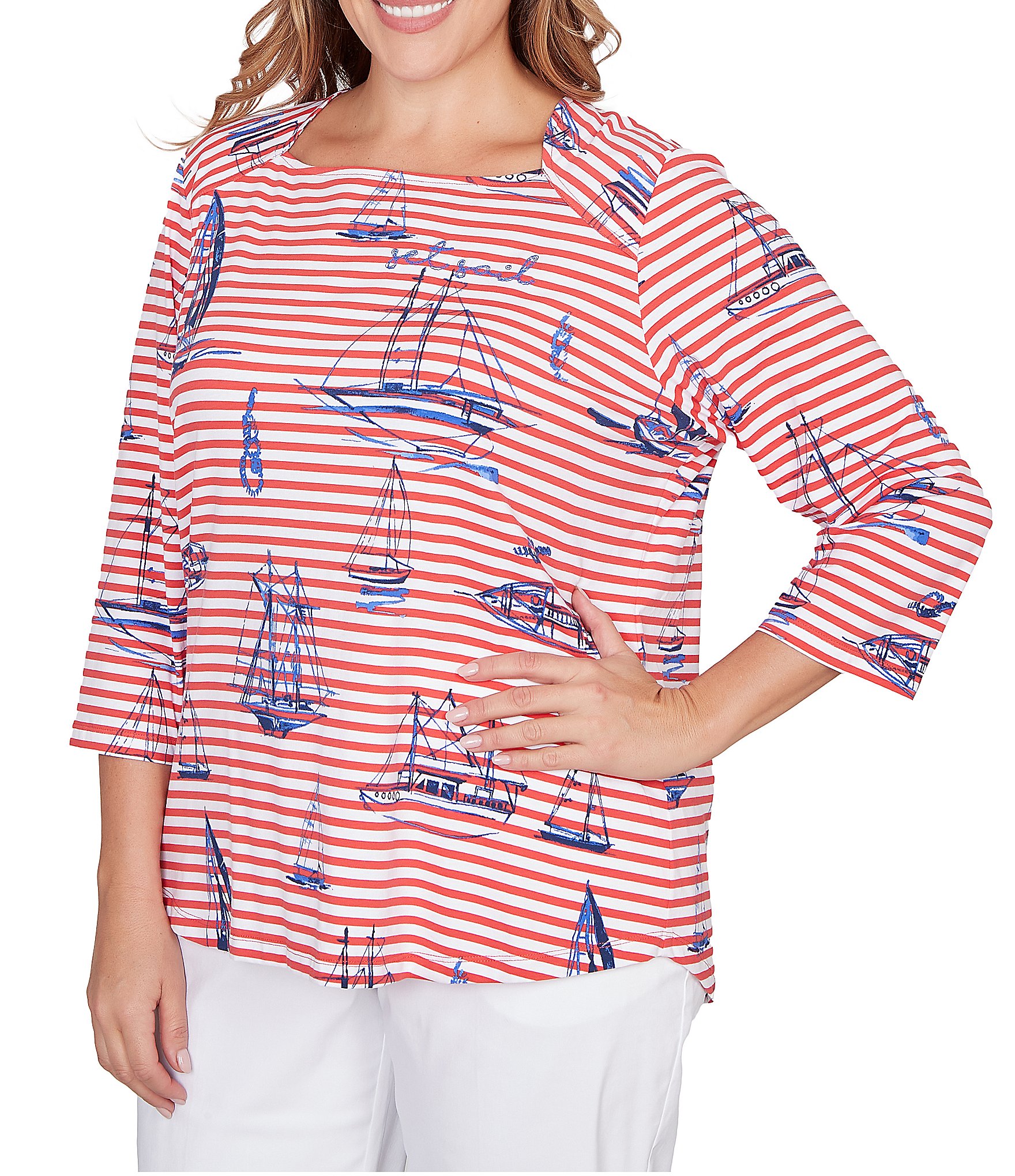 Ruby Rd. Plus Size Soft Cotton Jersey Allover Sailboat Embroidered Accents Stripe Print Square Neck 3/4 Sleeve Top