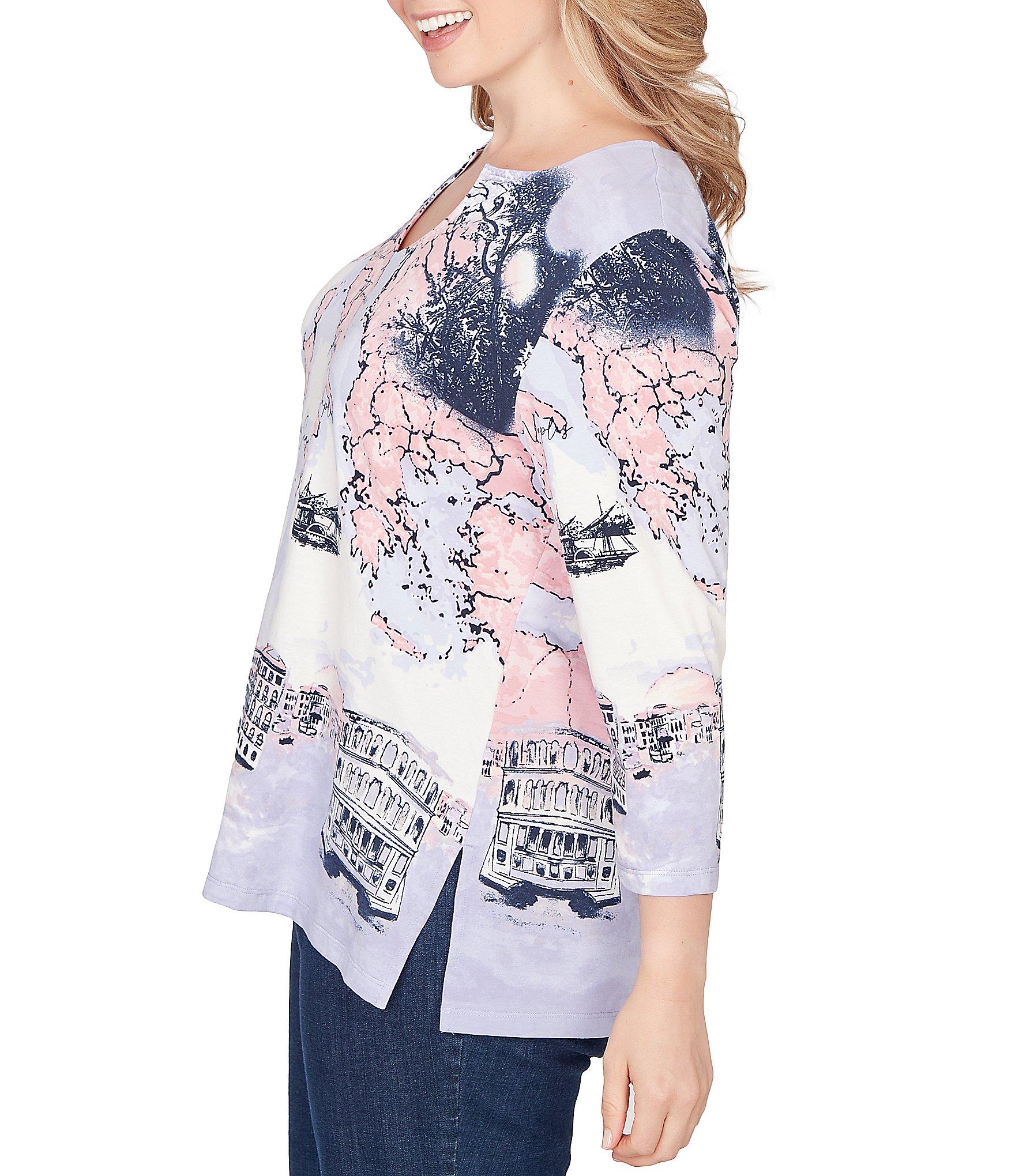 Ruby Rd. Plus Size Soft Cotton Jersey Novelty Horseshoe Neck 3/4 Sleeve Excursion Top