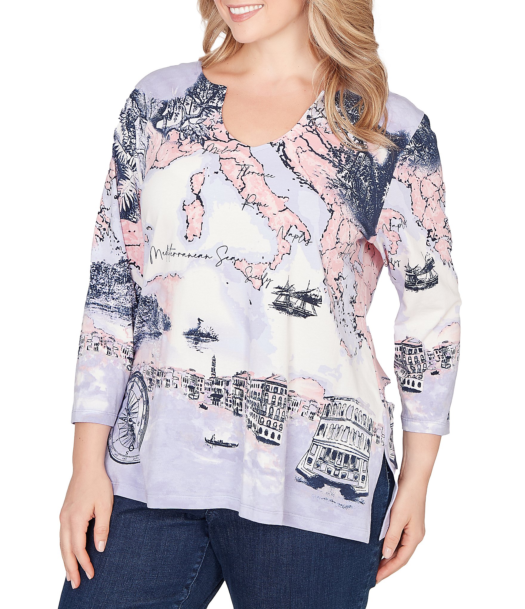 Ruby Rd. Plus Size Soft Cotton Jersey Novelty Horseshoe Neck 3/4 Sleeve Excursion Top