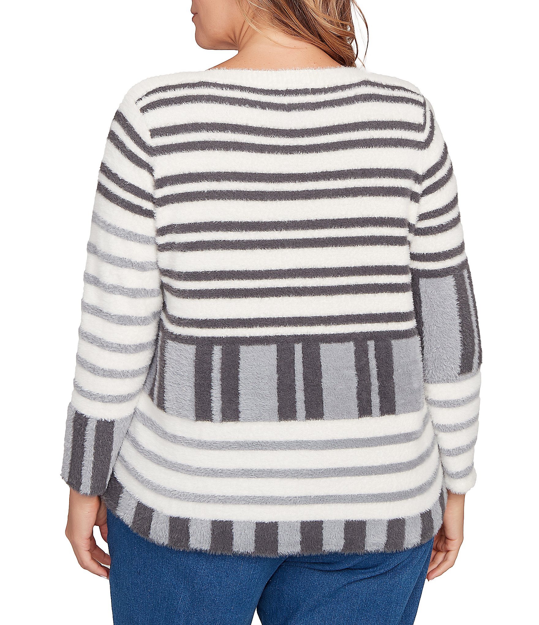 Ruby Rd. Plus Size Soft Eyelash Knit Stripe Boat Neck Long Sleeve Sweater