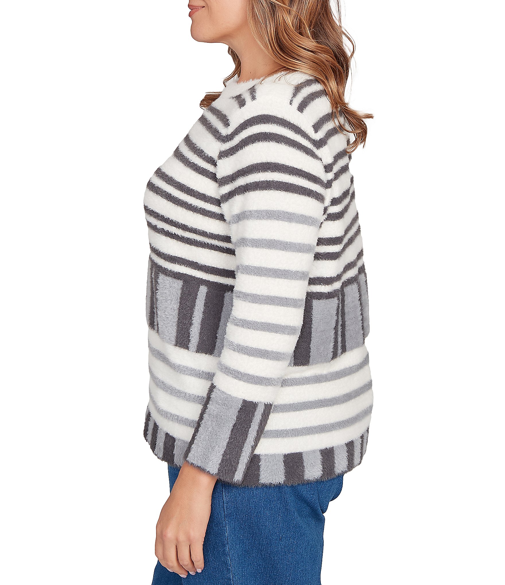 Ruby Rd. Plus Size Soft Eyelash Knit Stripe Boat Neck Long Sleeve Sweater