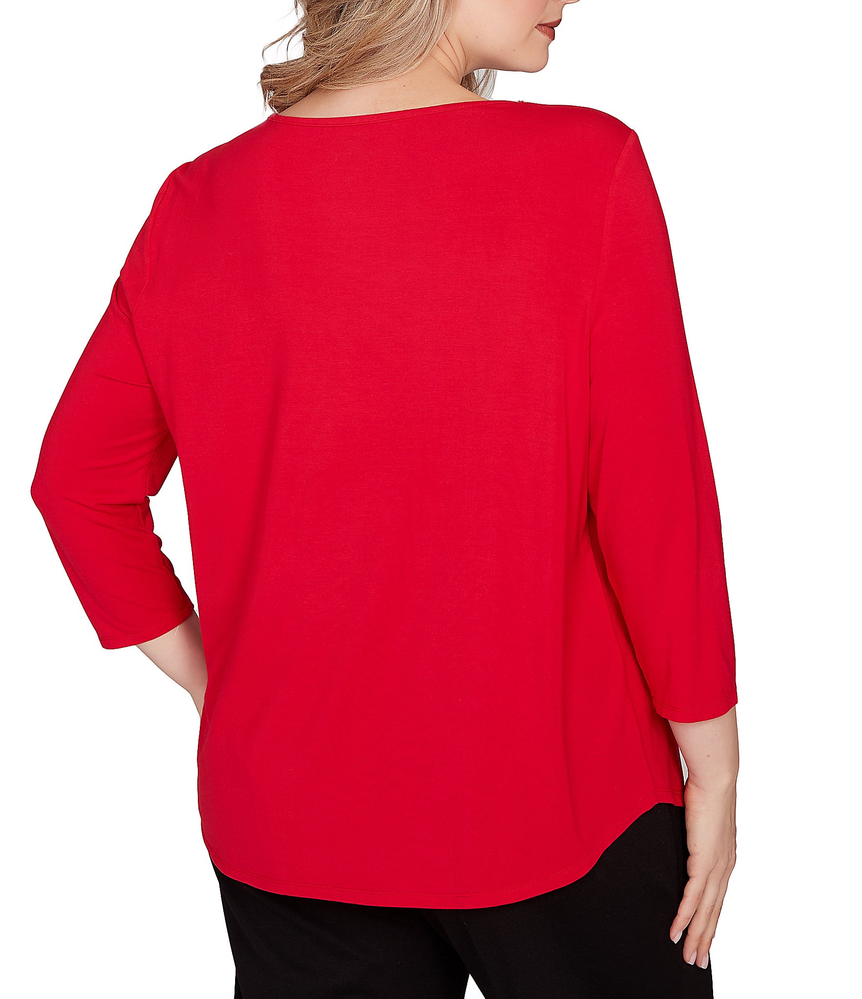 Ruby Rd. Plus Size Soft Jersey Knit Embellished Scoop Neck 3/4 Sleeve Top