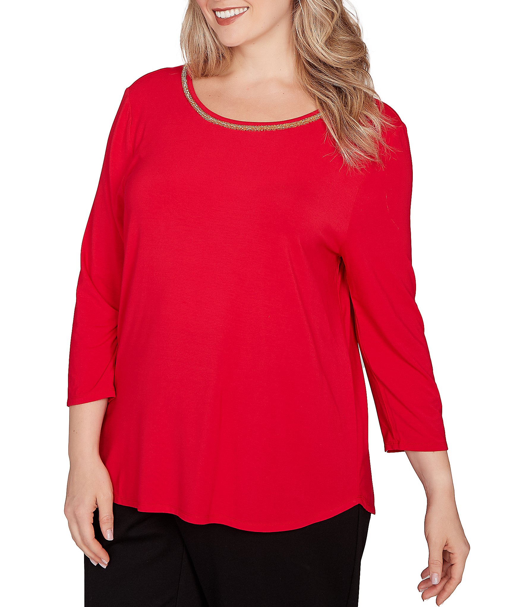 Ruby Rd. Plus Size Soft Jersey Knit Embellished Scoop Neck 3/4 Sleeve Top