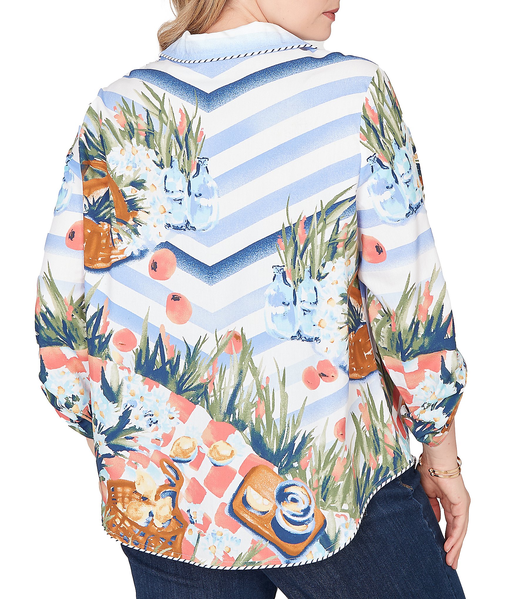 Ruby Rd. Plus Size Soft Poplin Woven Conversational Print Collared 3/4 Sleeve Picnic Top