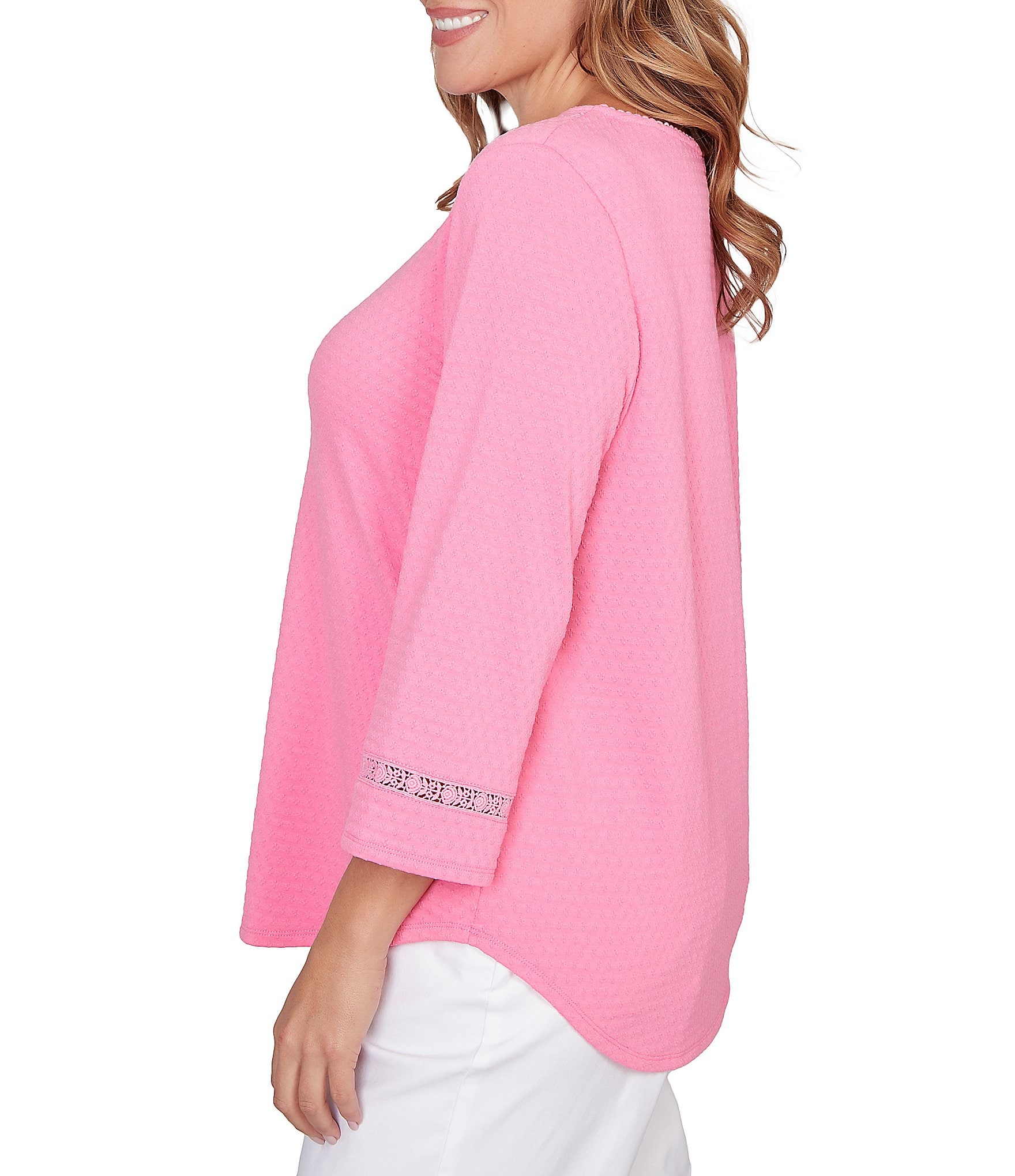 Ruby Rd. Plus Size Soft Textured Knit Crew Neck 3/4 Sleeve Lace Trim Top