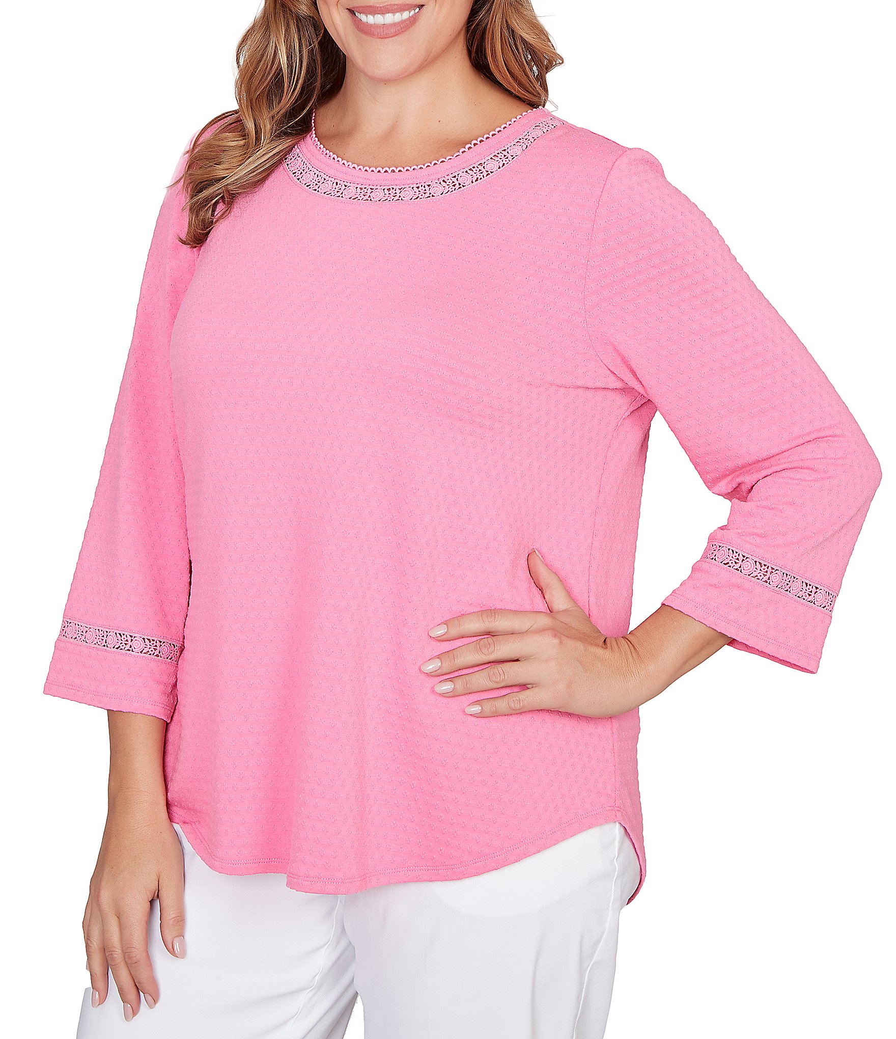 Ruby Rd. Plus Size Soft Textured Knit Crew Neck 3/4 Sleeve Lace Trim Top