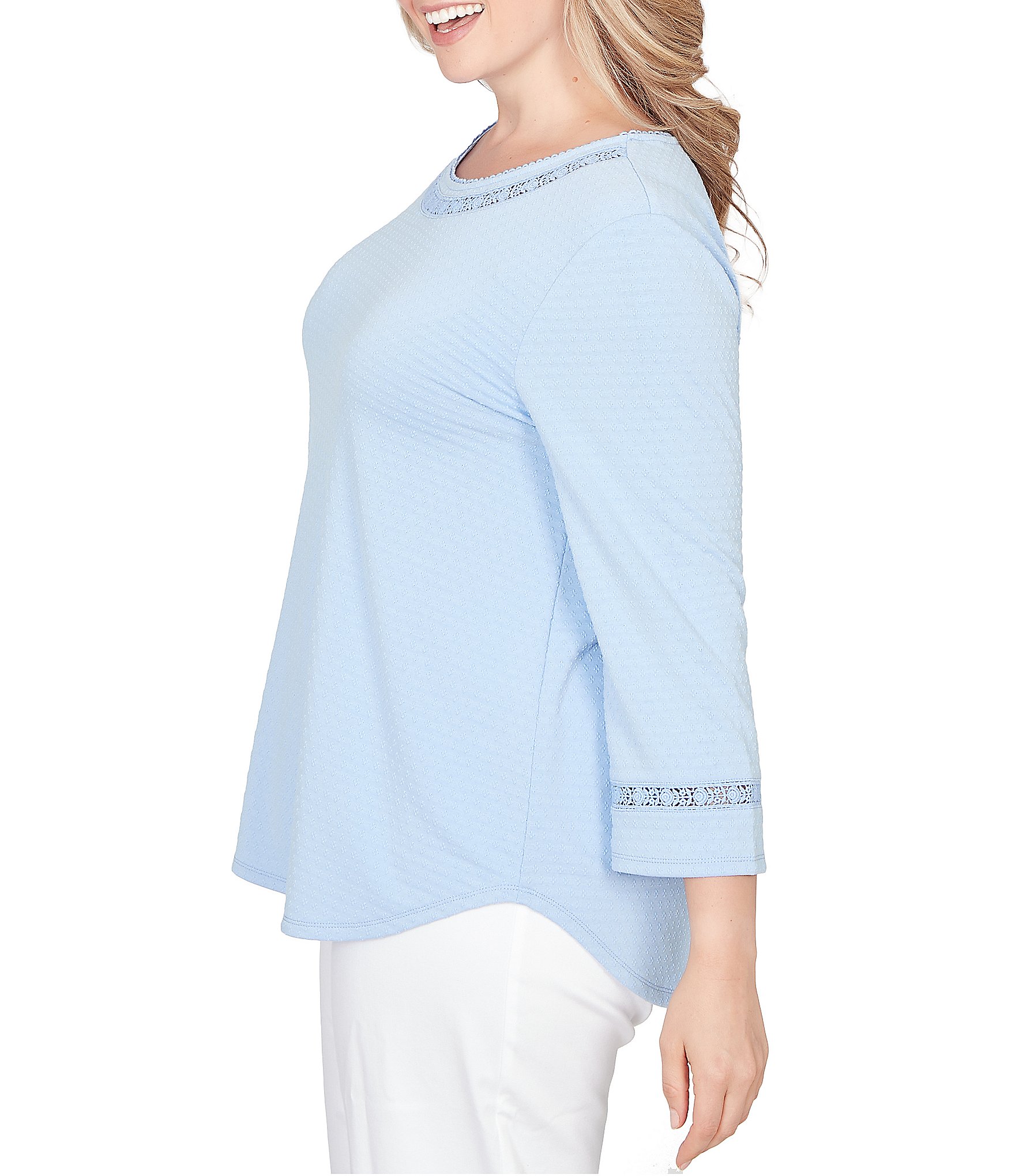 Ruby Rd. Plus Size Soft Textured Knit Crew Neck 3/4 Sleeve Lace Trim Top