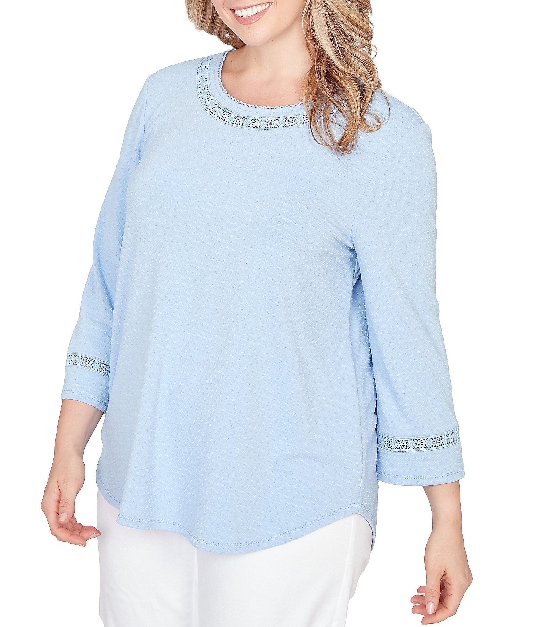 Ruby Rd. Plus Size Soft Textured Knit Crew Neck 3/4 Sleeve Lace Trim Top