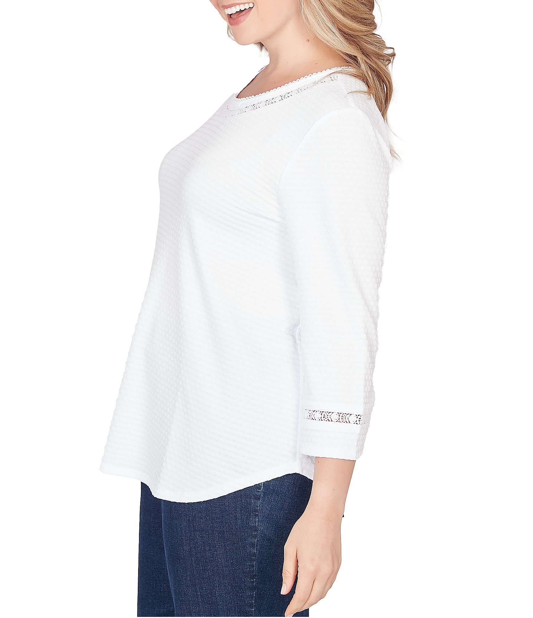 Ruby Rd. Plus Size Soft Textured Knit Crew Neck 3/4 Sleeve Lace Trim Top