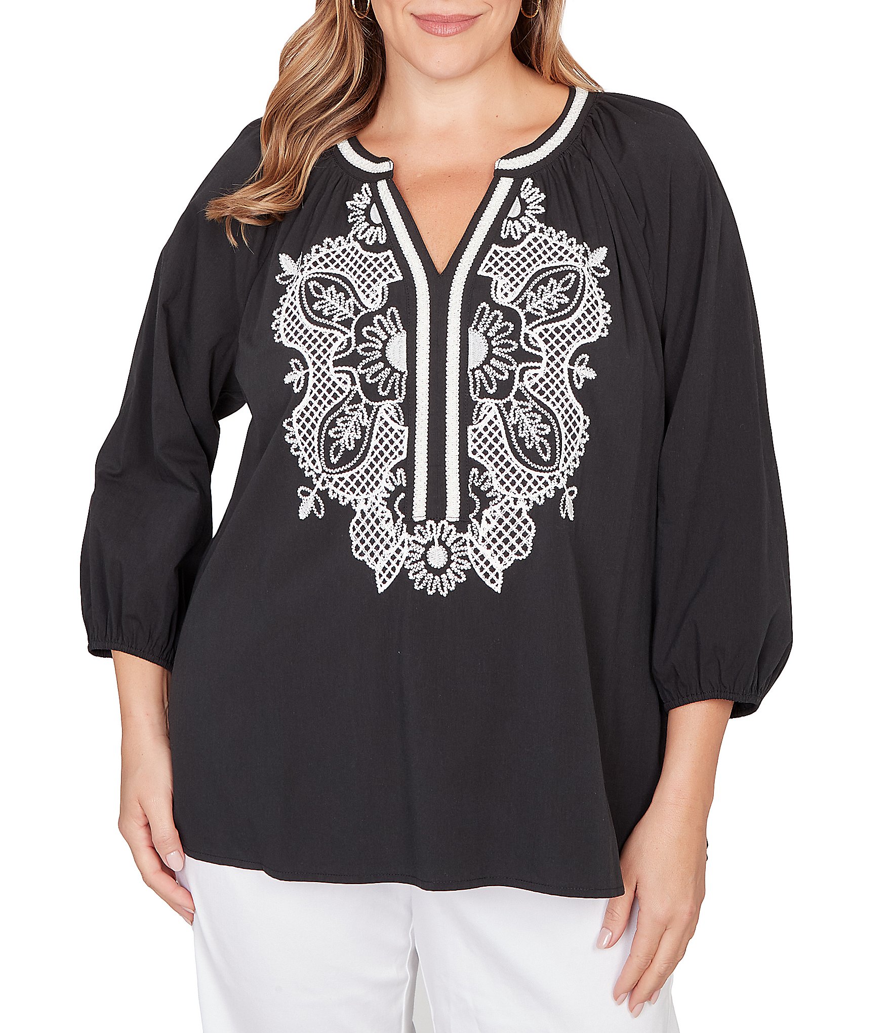 Ruby Rd. Plus Size Soft Woven Embroidered Split V-Neck 3/4 Sleeve Top