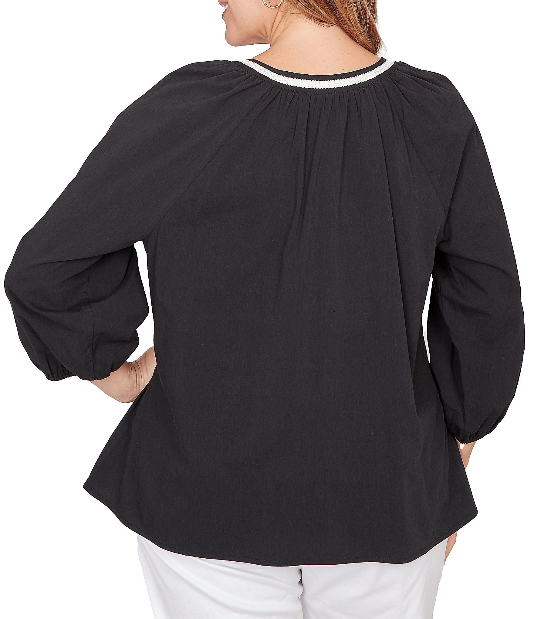 Ruby Rd. Plus Size Soft Woven Embroidered Split V-Neck 3/4 Sleeve Top