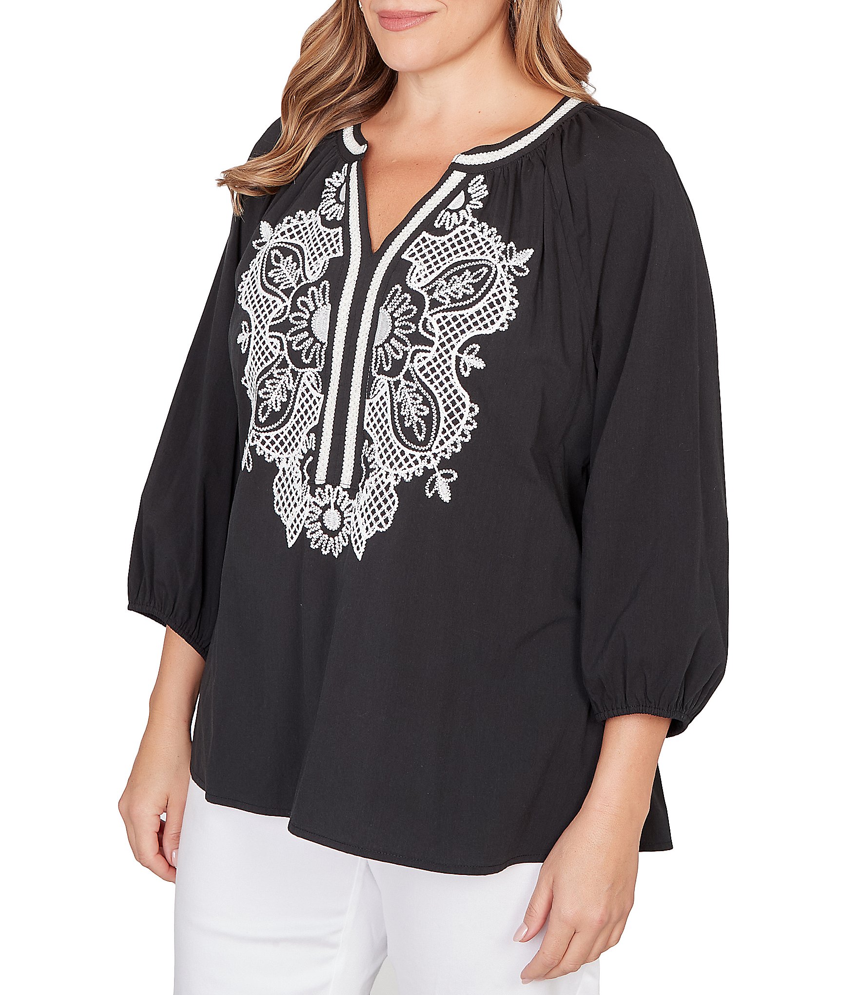 Ruby Rd. Plus Size Soft Woven Embroidered Split V-Neck 3/4 Sleeve Top