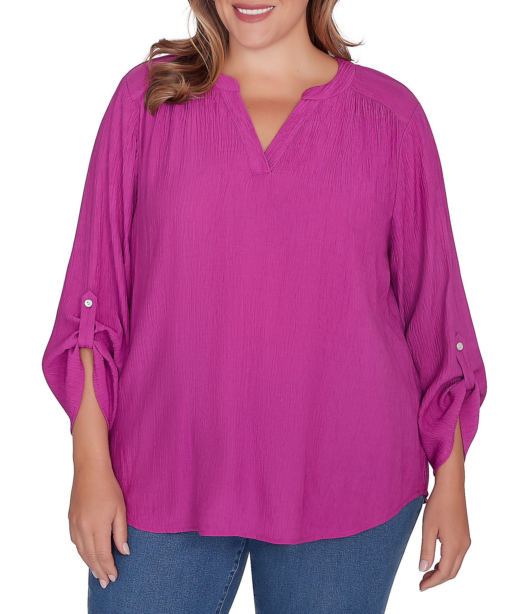 Ruby Rd. Plus Size Solid Gauze Band Notch Neckline Roll-Tab Sleeve Top ...