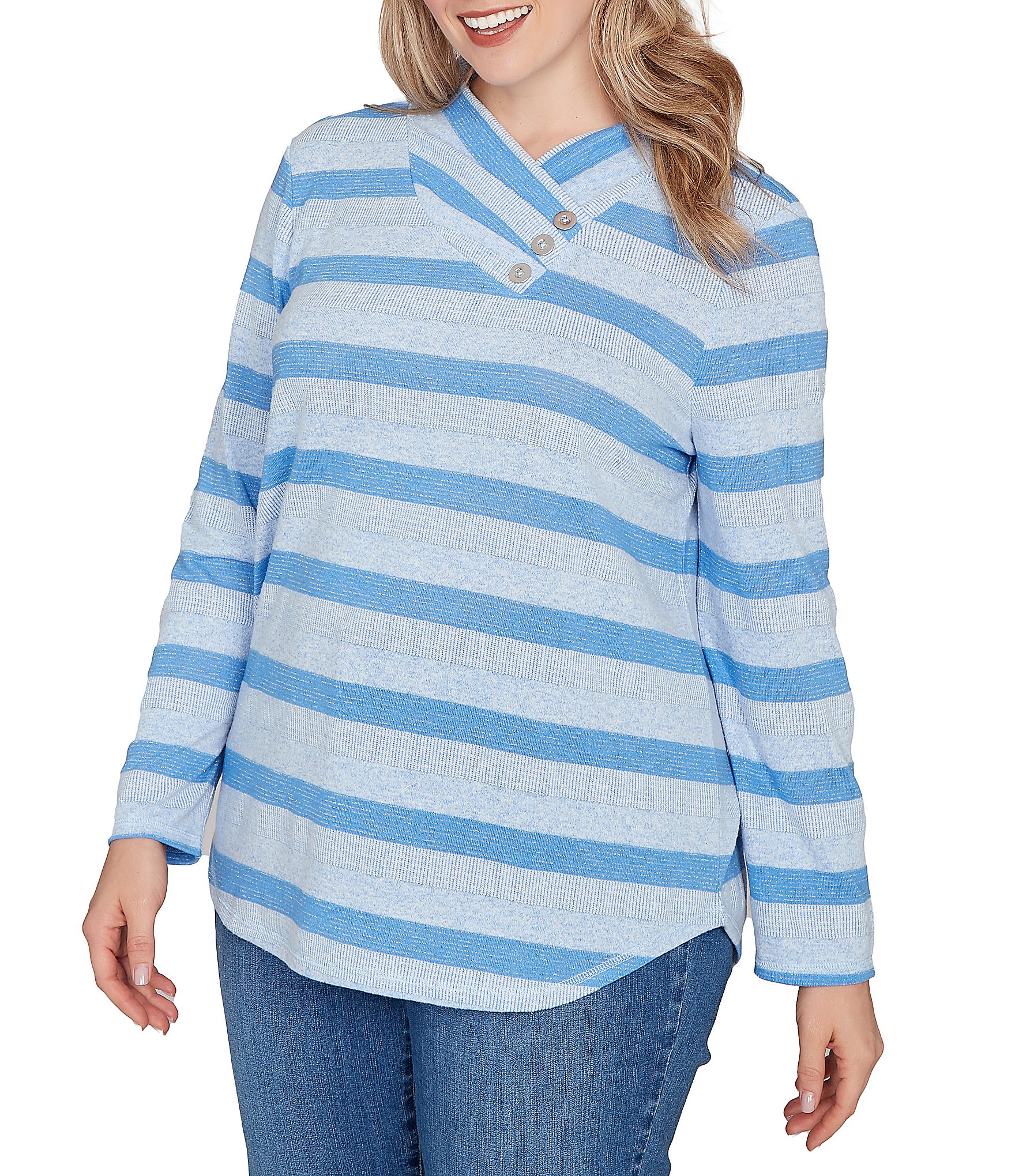 Ruby Rd. Plus Size Sparkling Metallic Stripe Knit Shawl Neck Long Sleeve Top