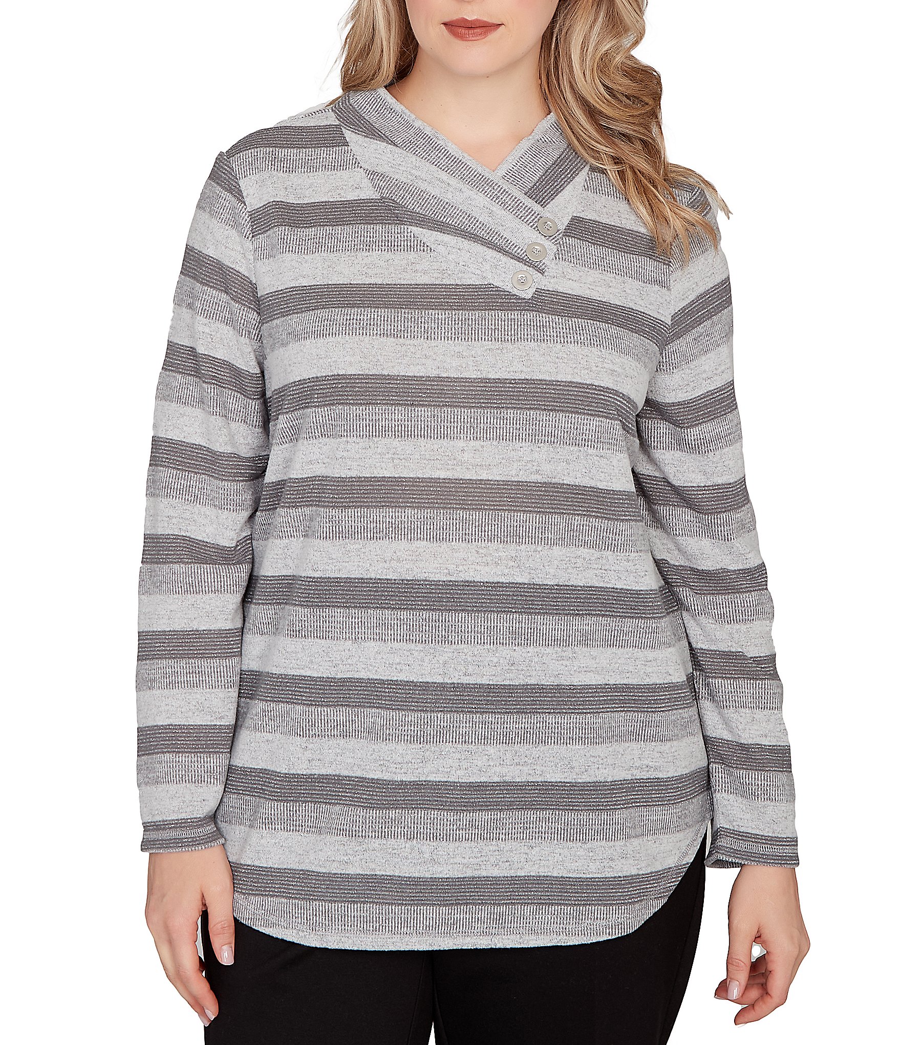 Ruby Rd. Plus Size Sparkling Metallic Stripe Knit Shawl Neck Long Sleeve Top