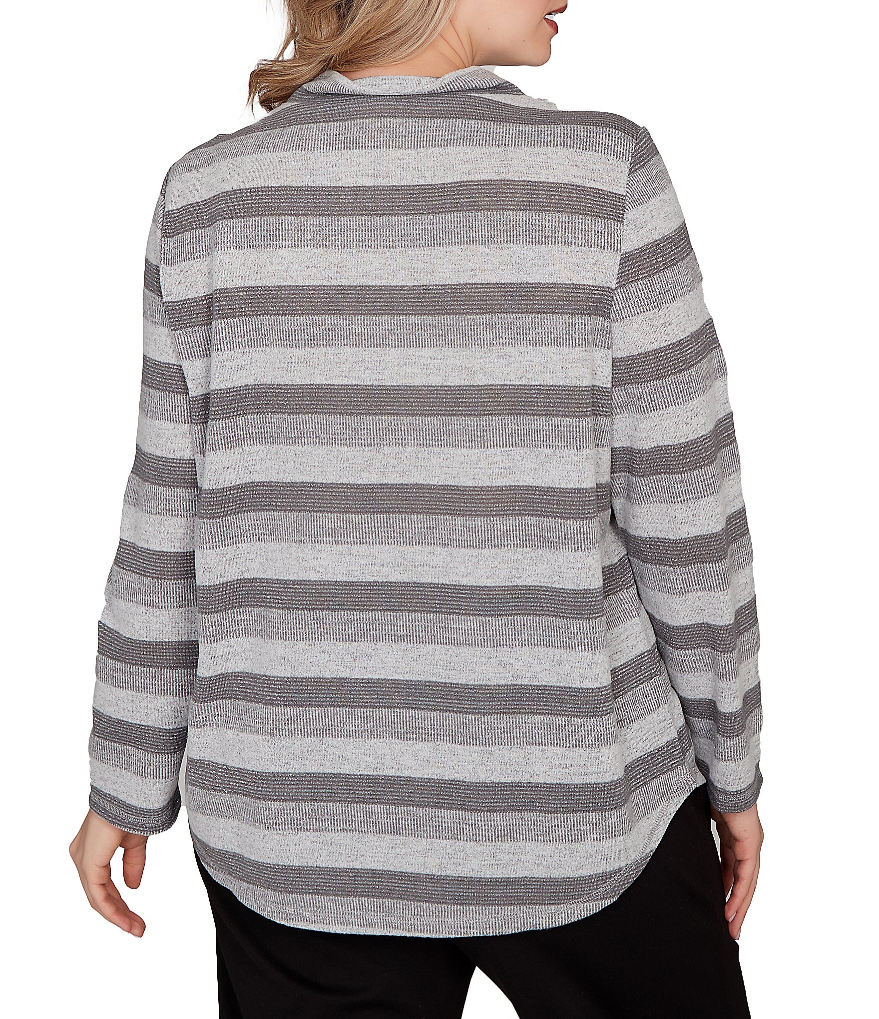 Ruby Rd. Plus Size Sparkling Metallic Stripe Knit Shawl Neck Long Sleeve Top