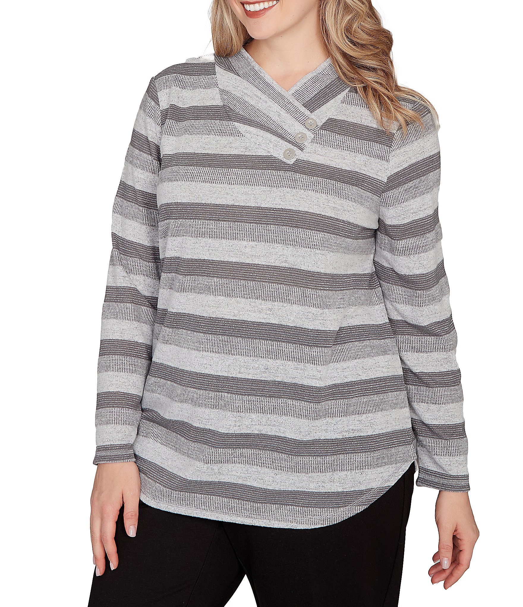 Ruby Rd. Plus Size Sparkling Metallic Stripe Knit Shawl Neck Long Sleeve Top