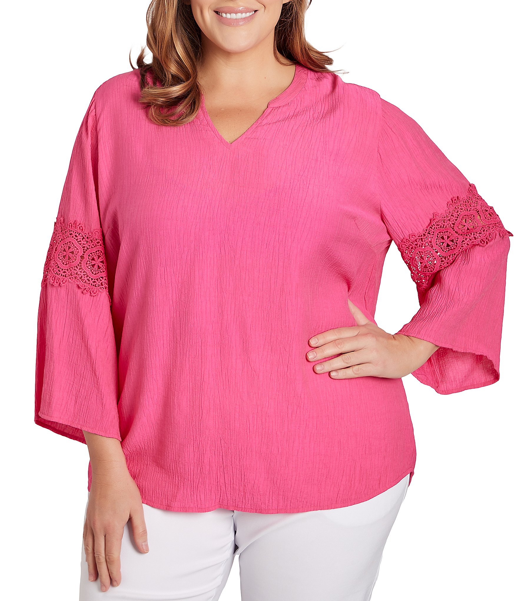 Ruby Rd. Plus Size Split V-Neck Lace Inset 3/4 Sleeve Woven Gauze Top ...