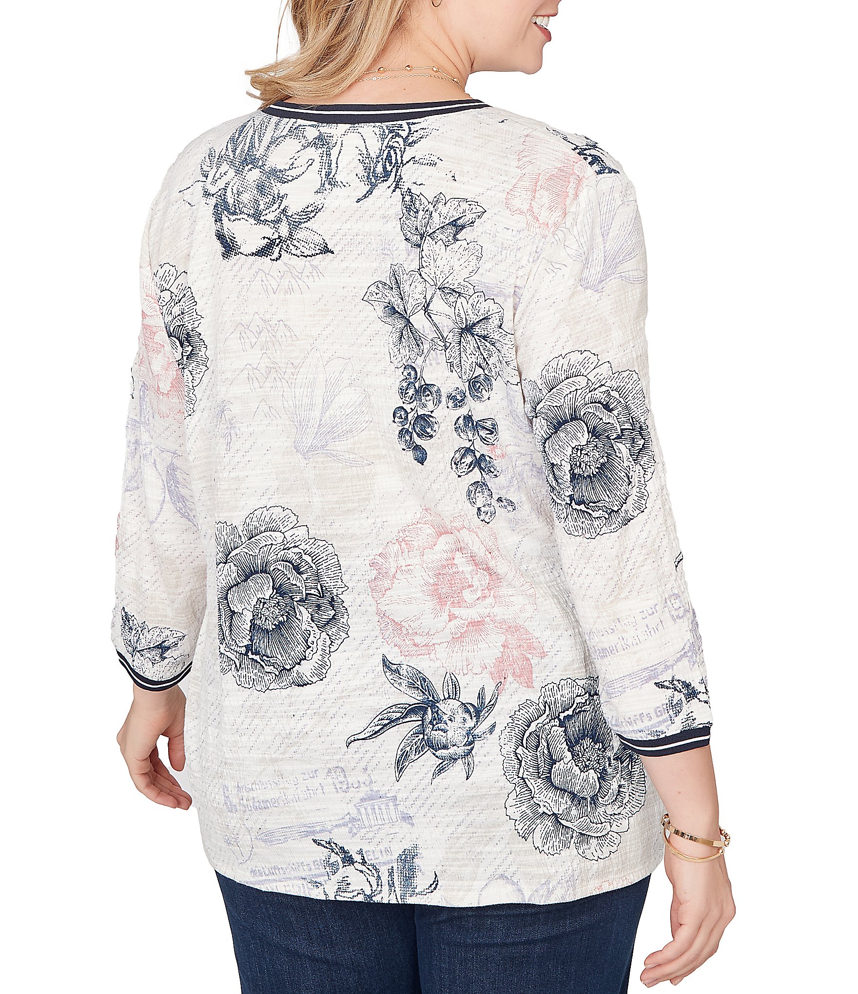 Ruby Rd. Plus Size Stamp Botanical Floral V-Neck 3/4 Sleeve Knit Top