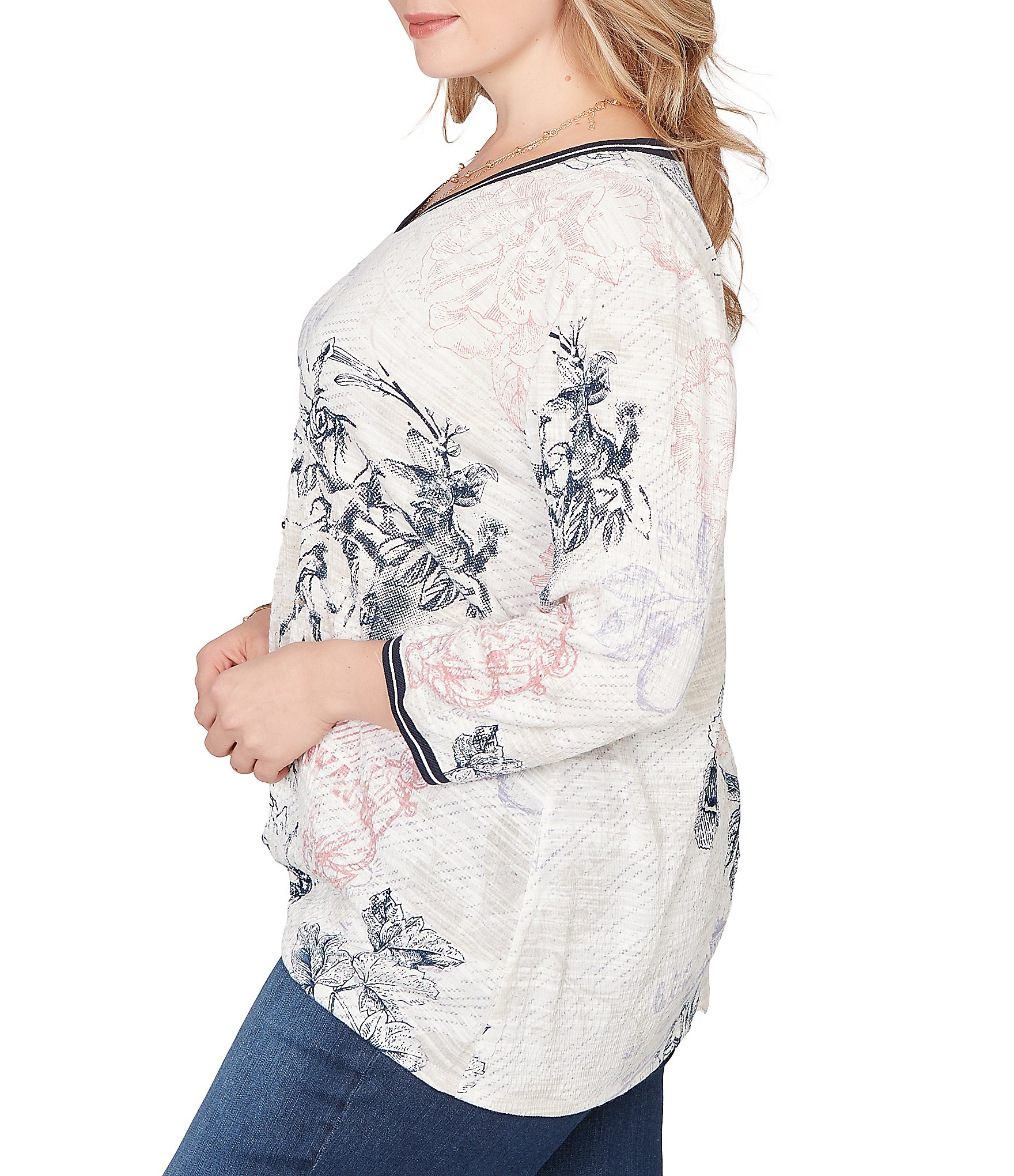 Ruby Rd. Plus Size Stamp Botanical Floral V-Neck 3/4 Sleeve Knit Top