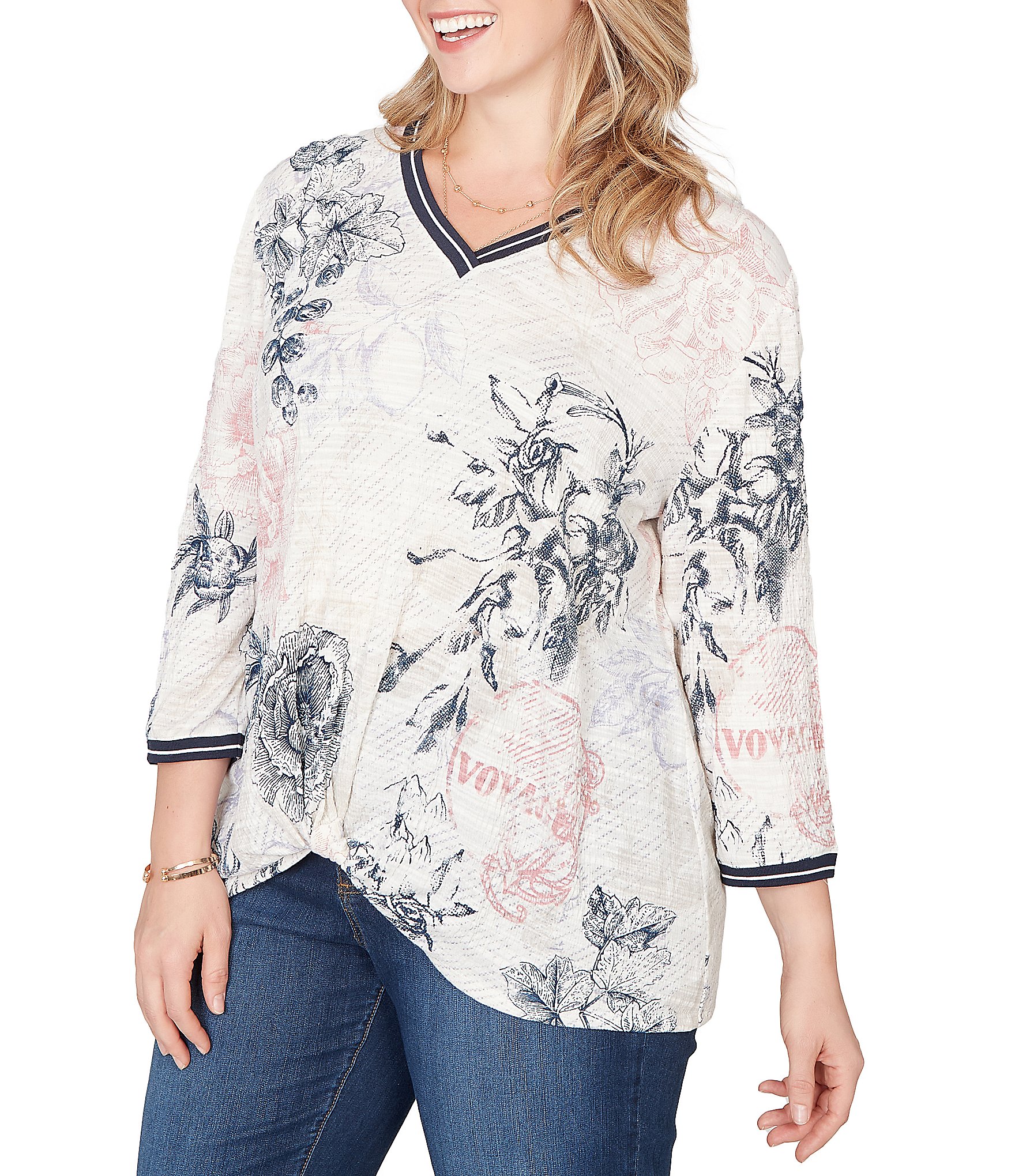 Ruby Rd. Plus Size Stamp Botanical Floral V-Neck 3/4 Sleeve Knit Top