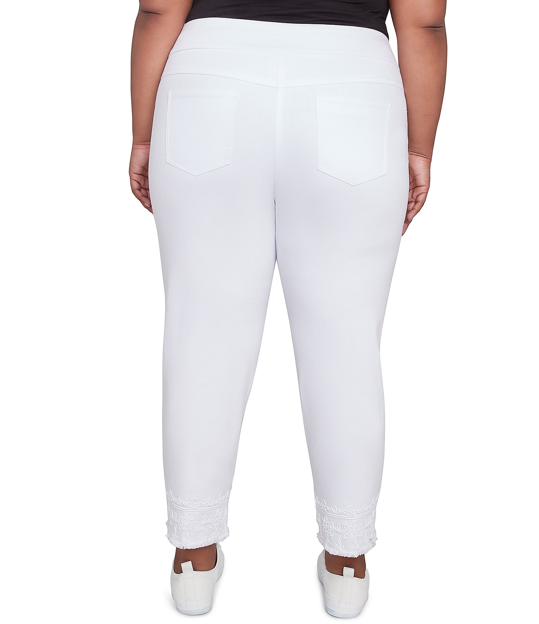 Ruby Rd. Plus Size Straight Leg Embroidered Frayed Hem Pull-On Ankle Pants