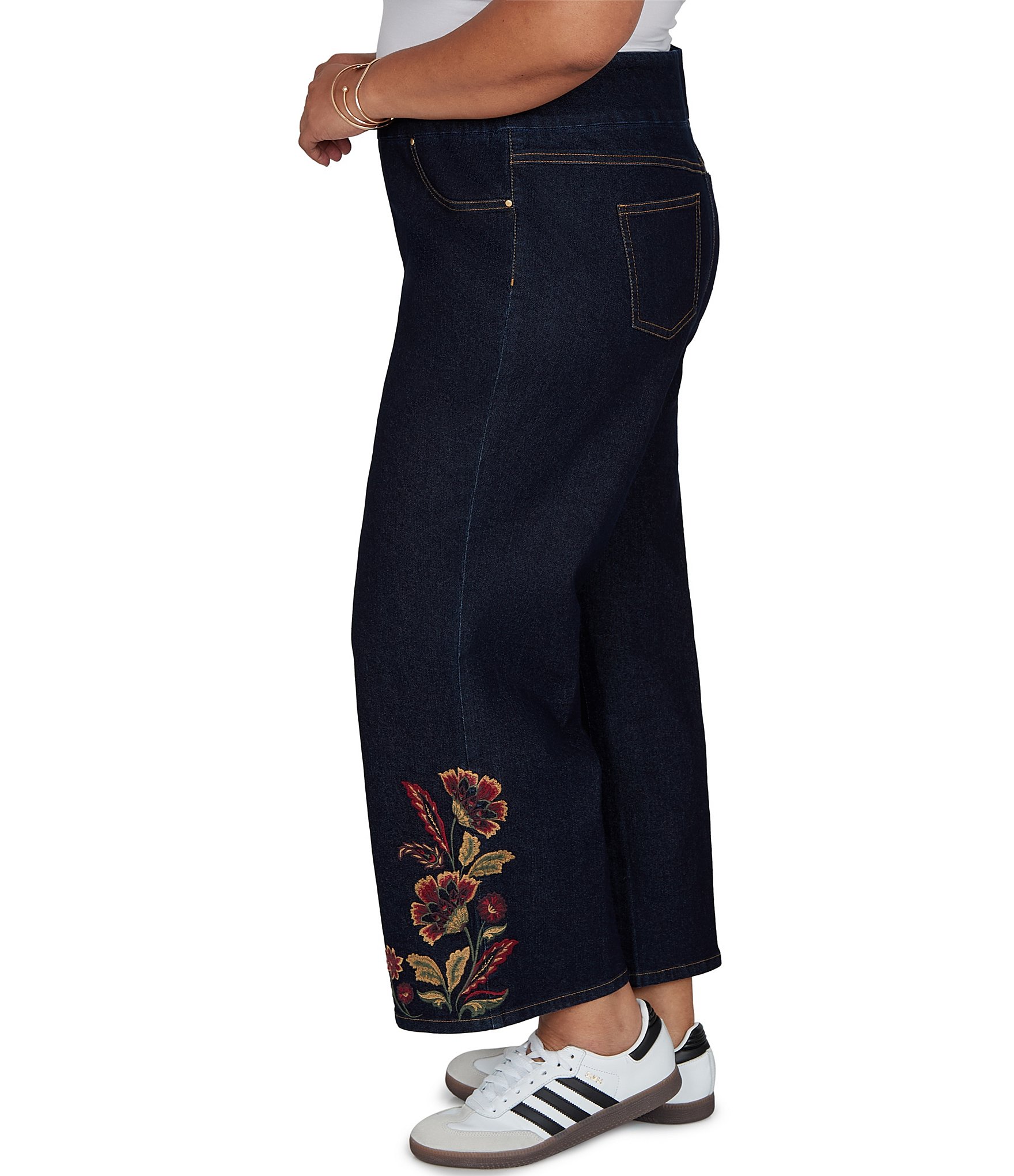Ruby Rd. Plus Size Stretch Denim Embroidered Hem Pull-On Ankle Pants