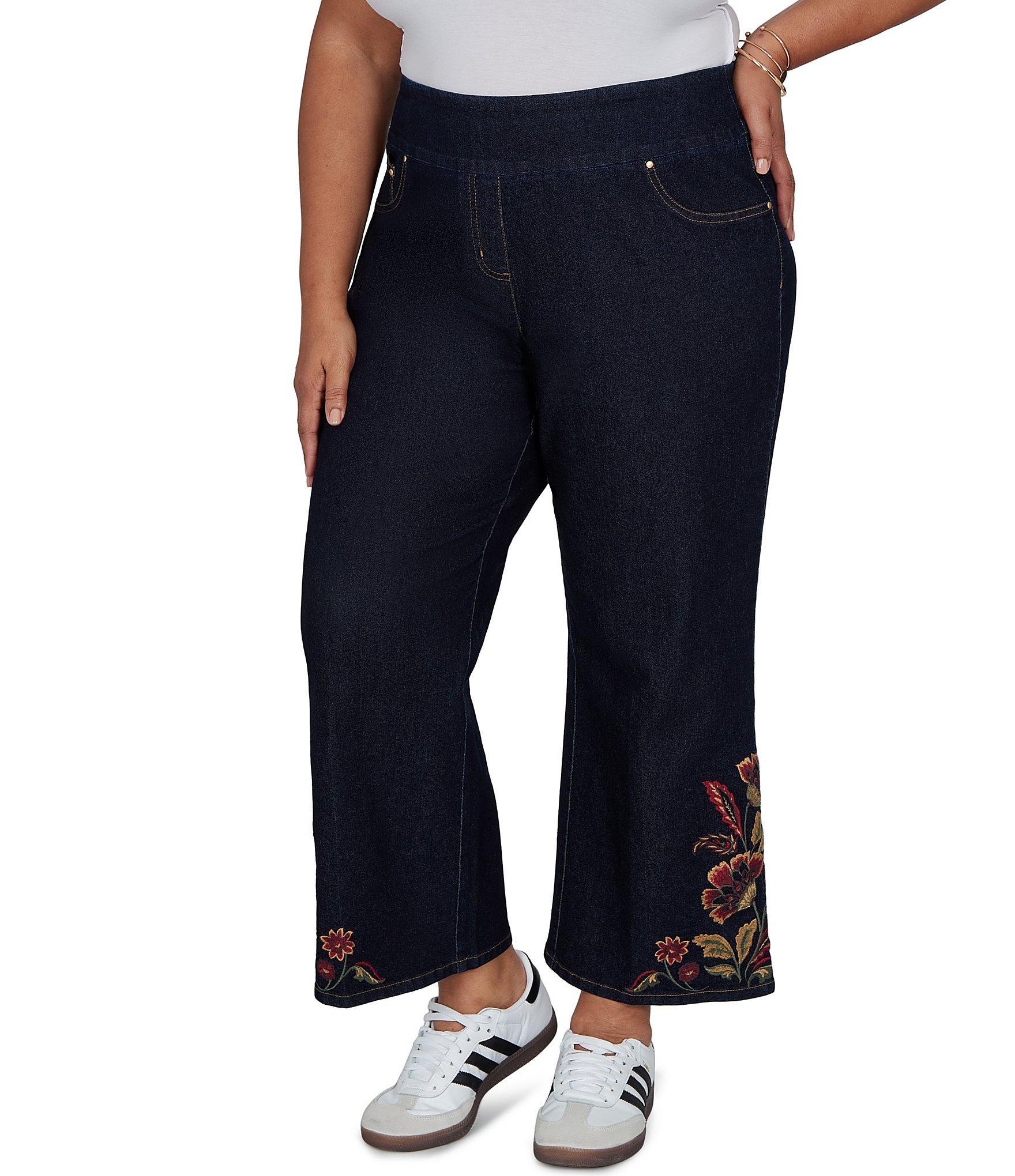 Ruby Rd. Plus Size Stretch Denim Embroidered Hem Pull-On Ankle Pants