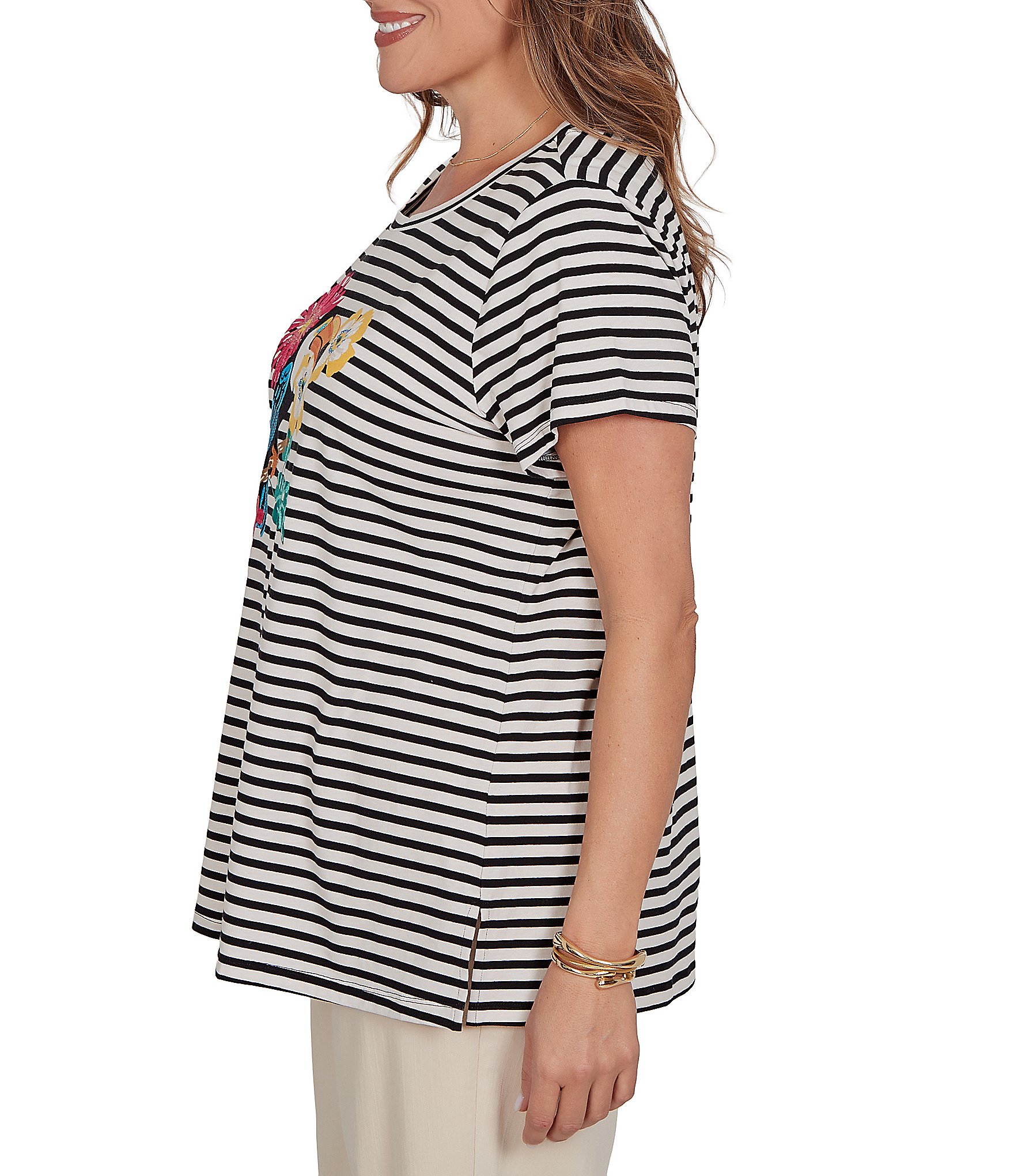 Ruby Rd. Plus Size Stretch Knit Stripe Toucan Heat-Set Embroidered Scoop Neck Short Sleeve Tee