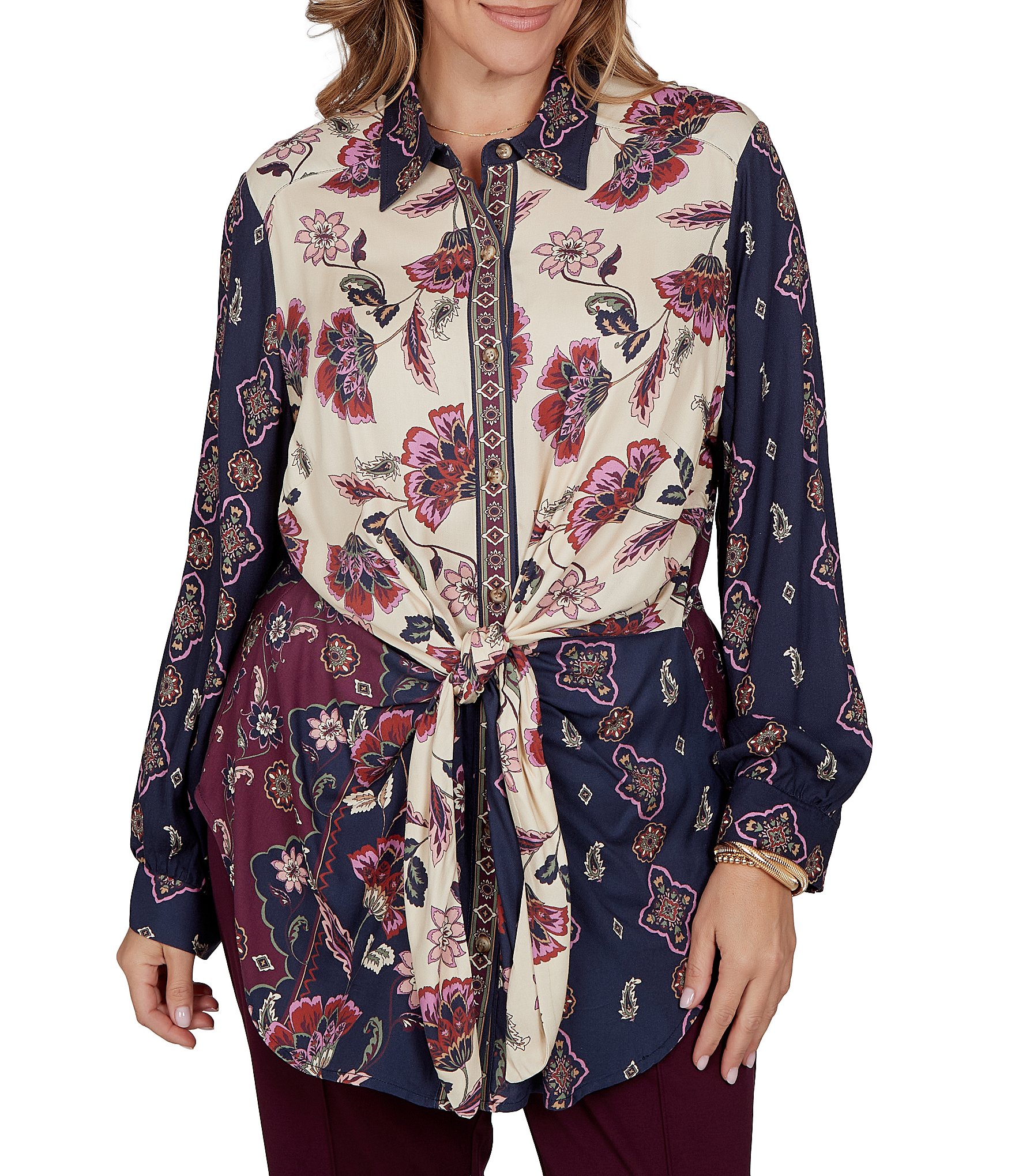 Ruby Rd. Plus Size Stretch Twill Garden Floral Point Collar Long Sleeve Button Front Shirt