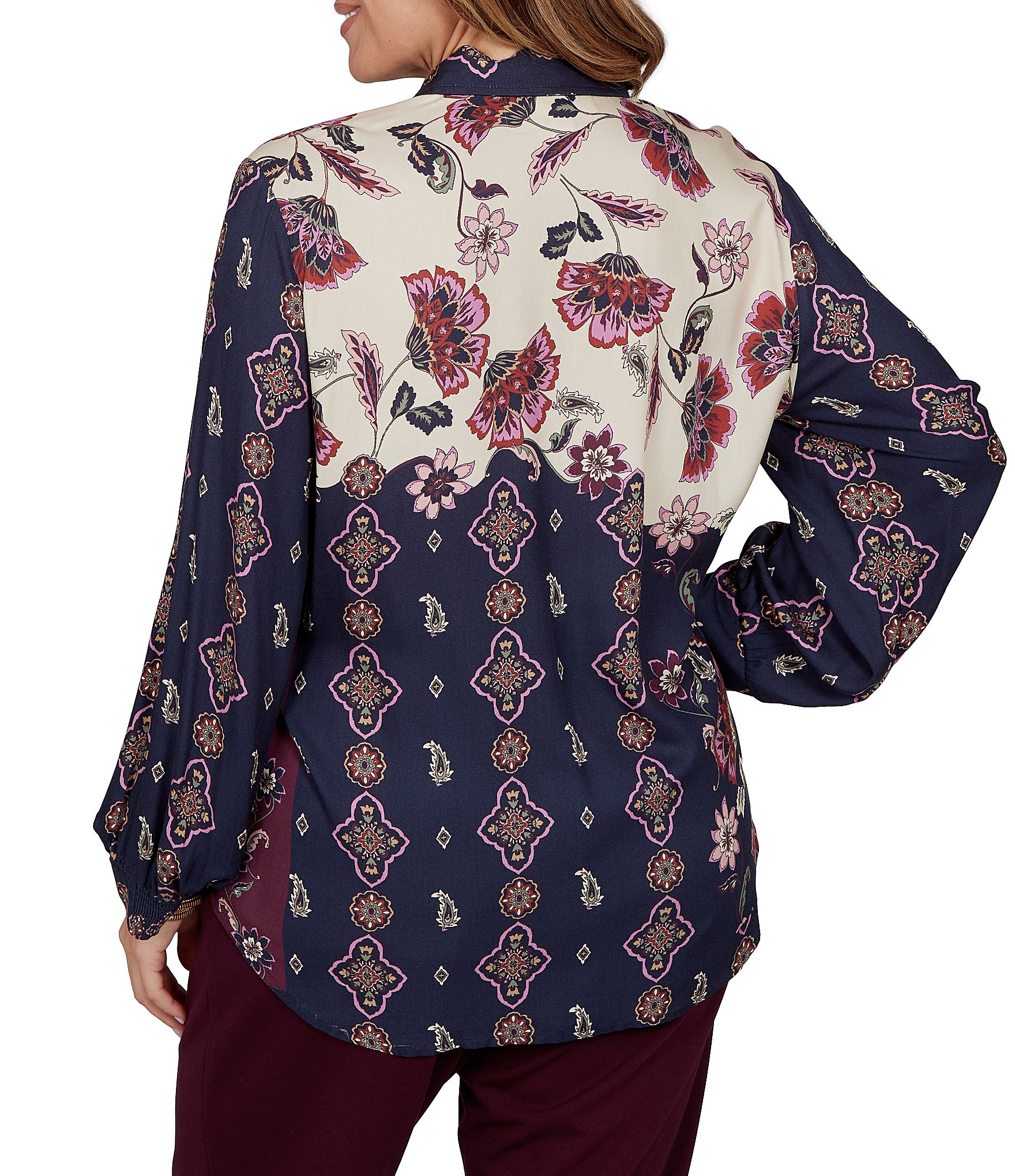 Ruby Rd. Plus Size Stretch Twill Garden Floral Point Collar Long Sleeve Button Front Shirt